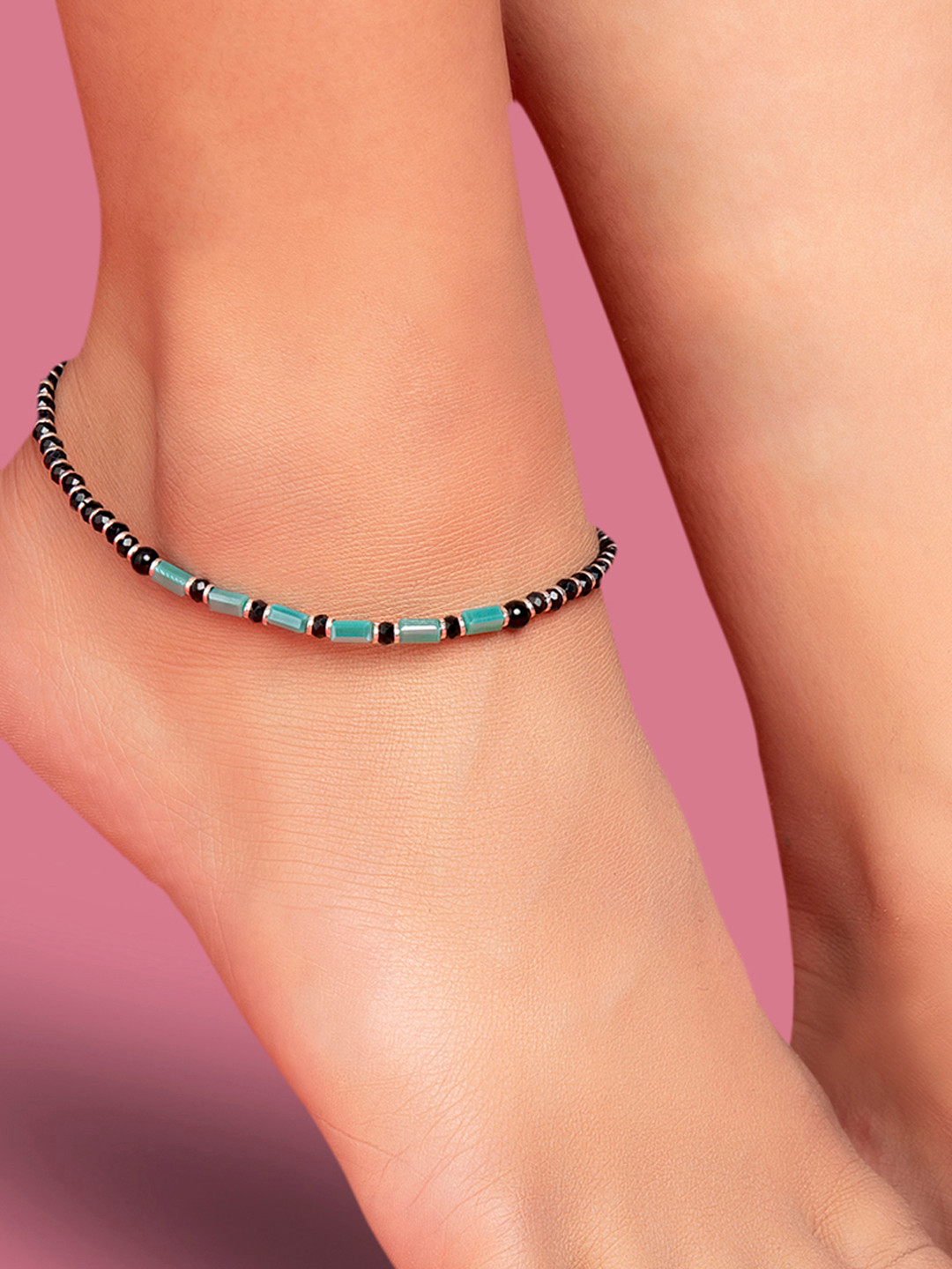 Zavya Women Green and Black 92.5 Sterling Silver Artificial Beaded Anklet