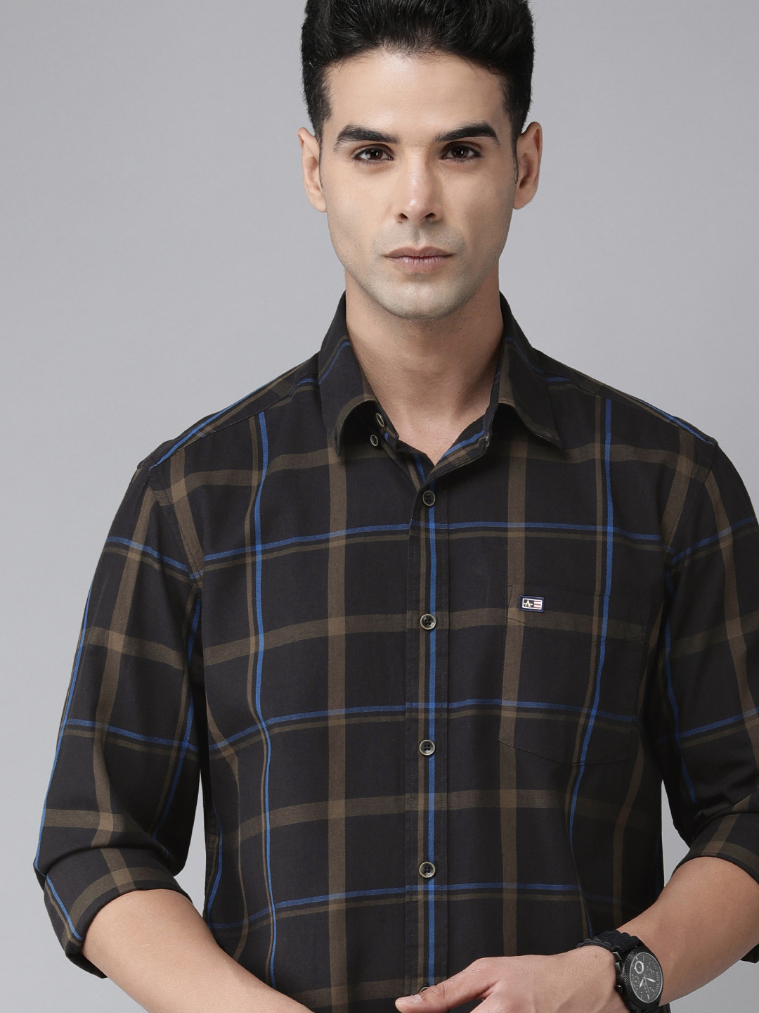 Arrow Sport Men Black & Brown Manhattan Slim Fit Windowpane Checked Cotton Casual Shirt