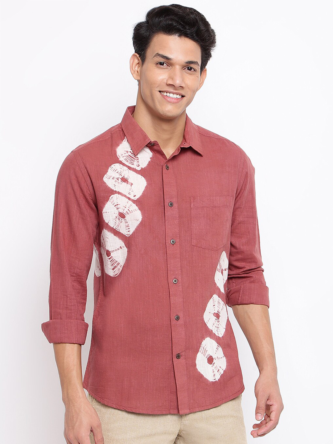 Fabindia Men Red Slim Fit Tie And Die Casual Shirt