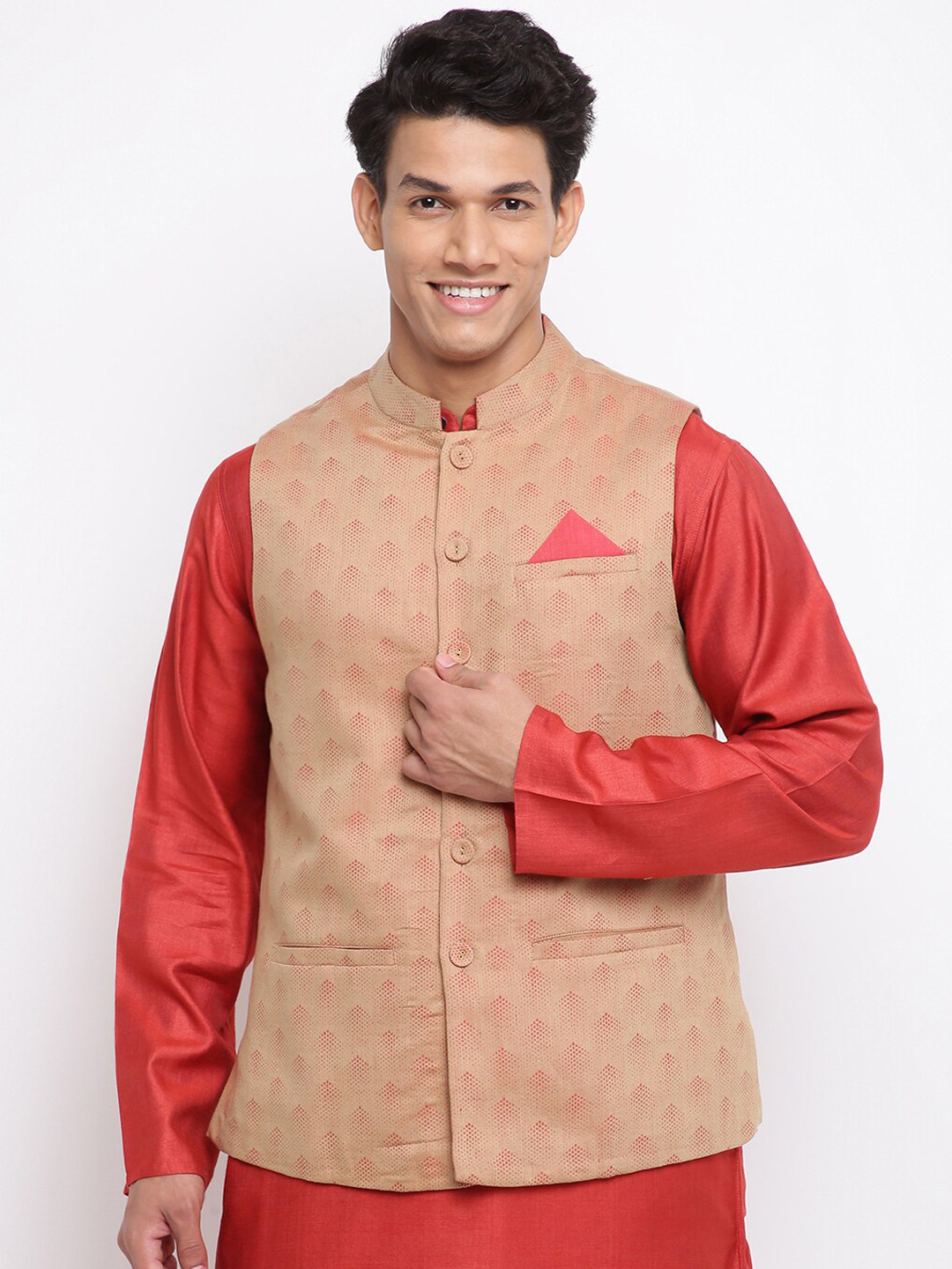 Fabindia Men Gold-Toned Printed Woven Nehru Jackets