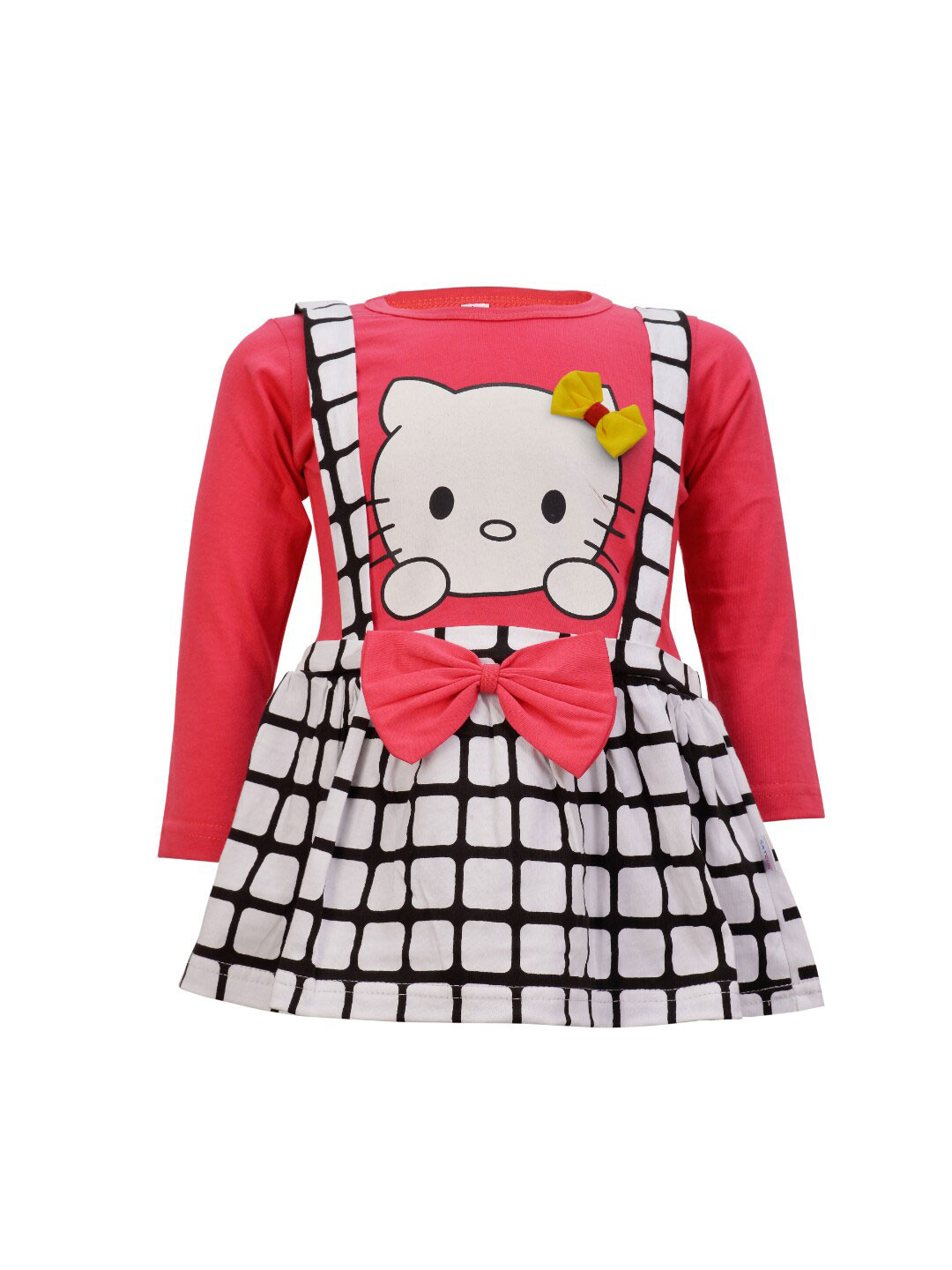 CATCUB Girls Coral & White Checked Hello Kitty Printed Dress