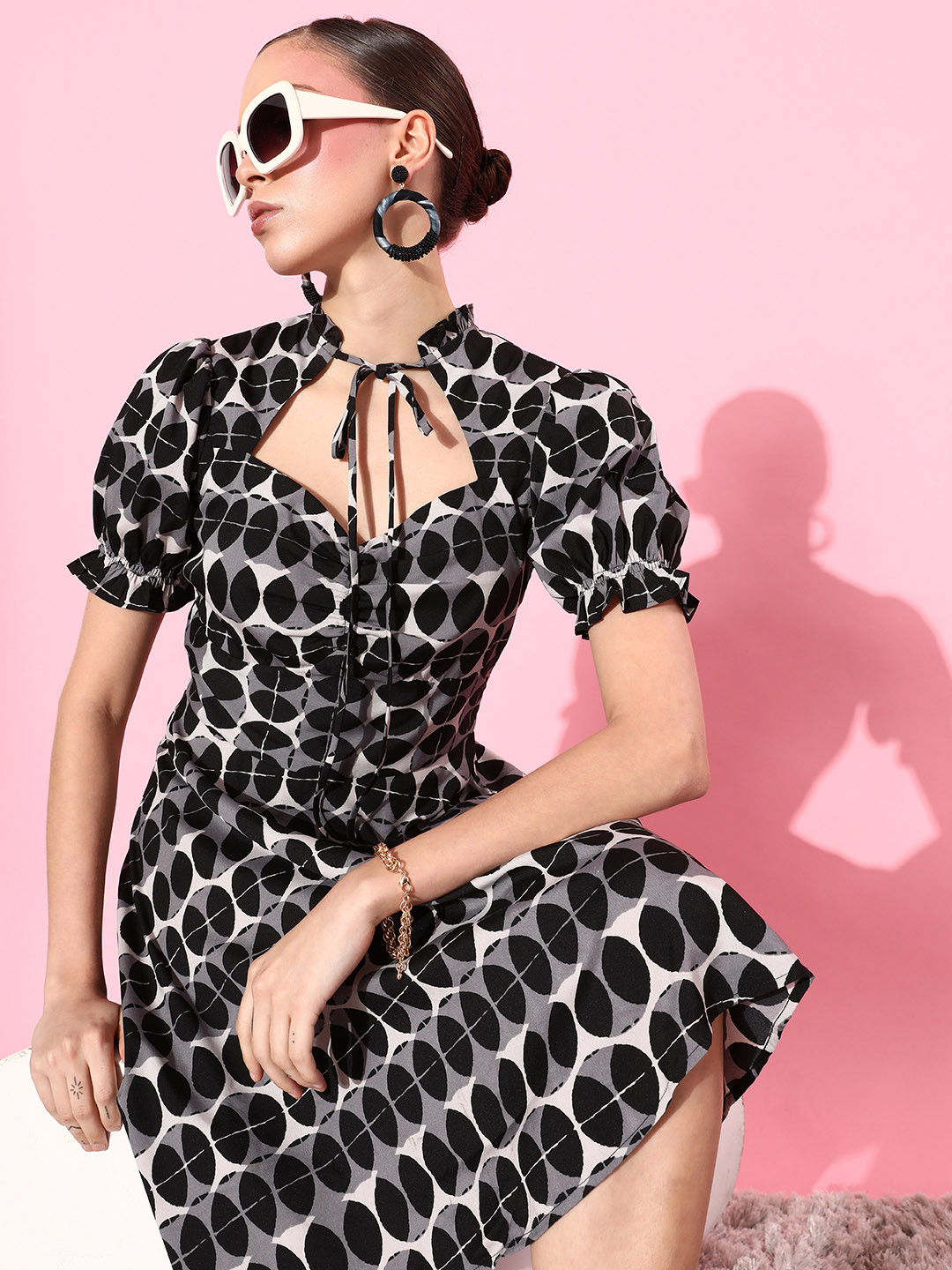 Style Quotient Women Black Geometric New Neckline Dress