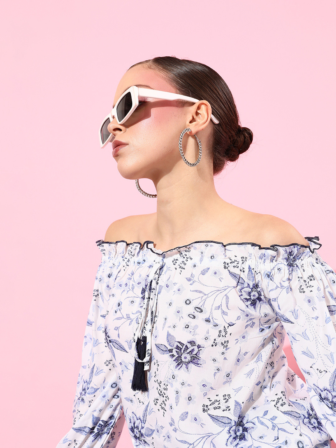 Style Quotient White Floral Fluid Tie-Up Top