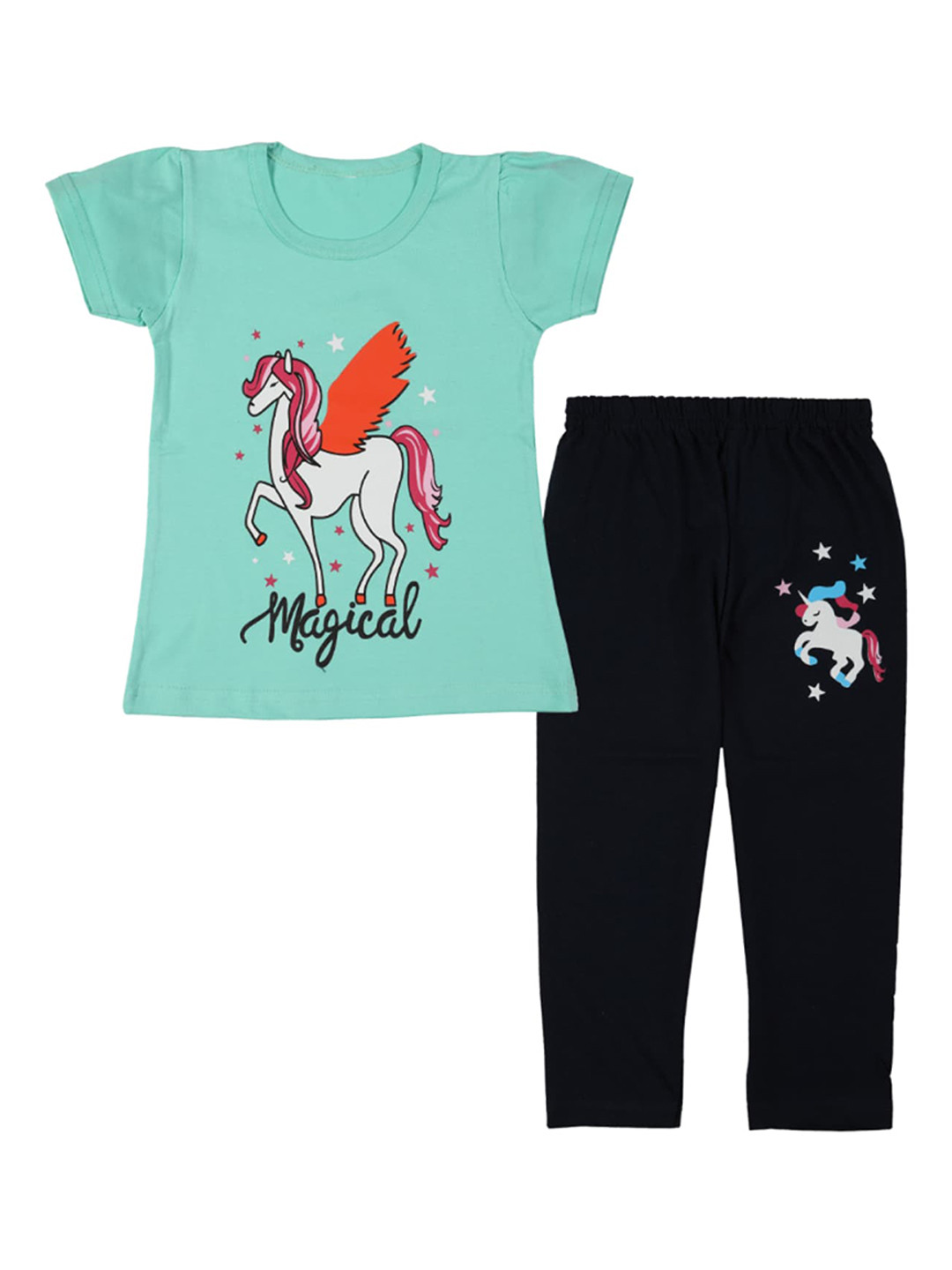 CATCUB Girls Green & Black Printed Cothing Set