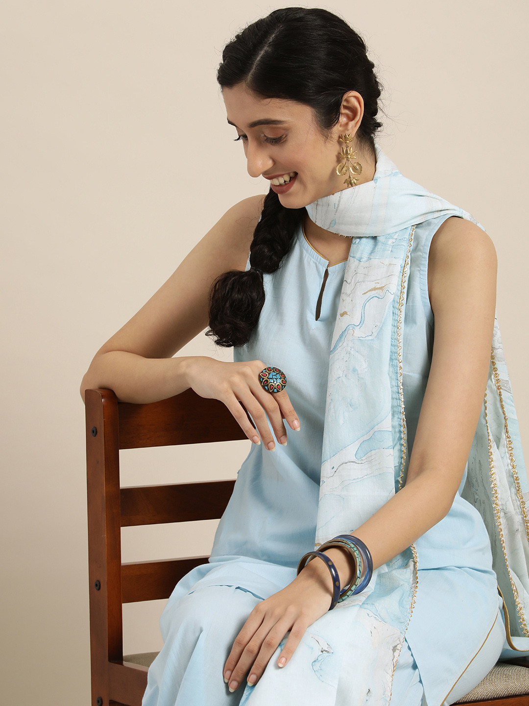 Taavi Women Blue Hand Dyed Marbling Pure Cotton Kurta with Trousers & Dupatta