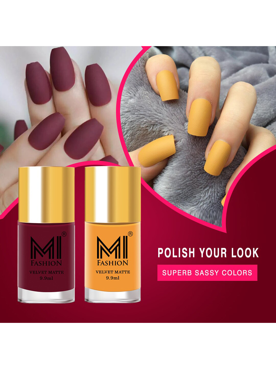MI FASHION Set of 2 Velvet Matte Truly Unique Long Lasting Nail Polish - 9.9 ml Each