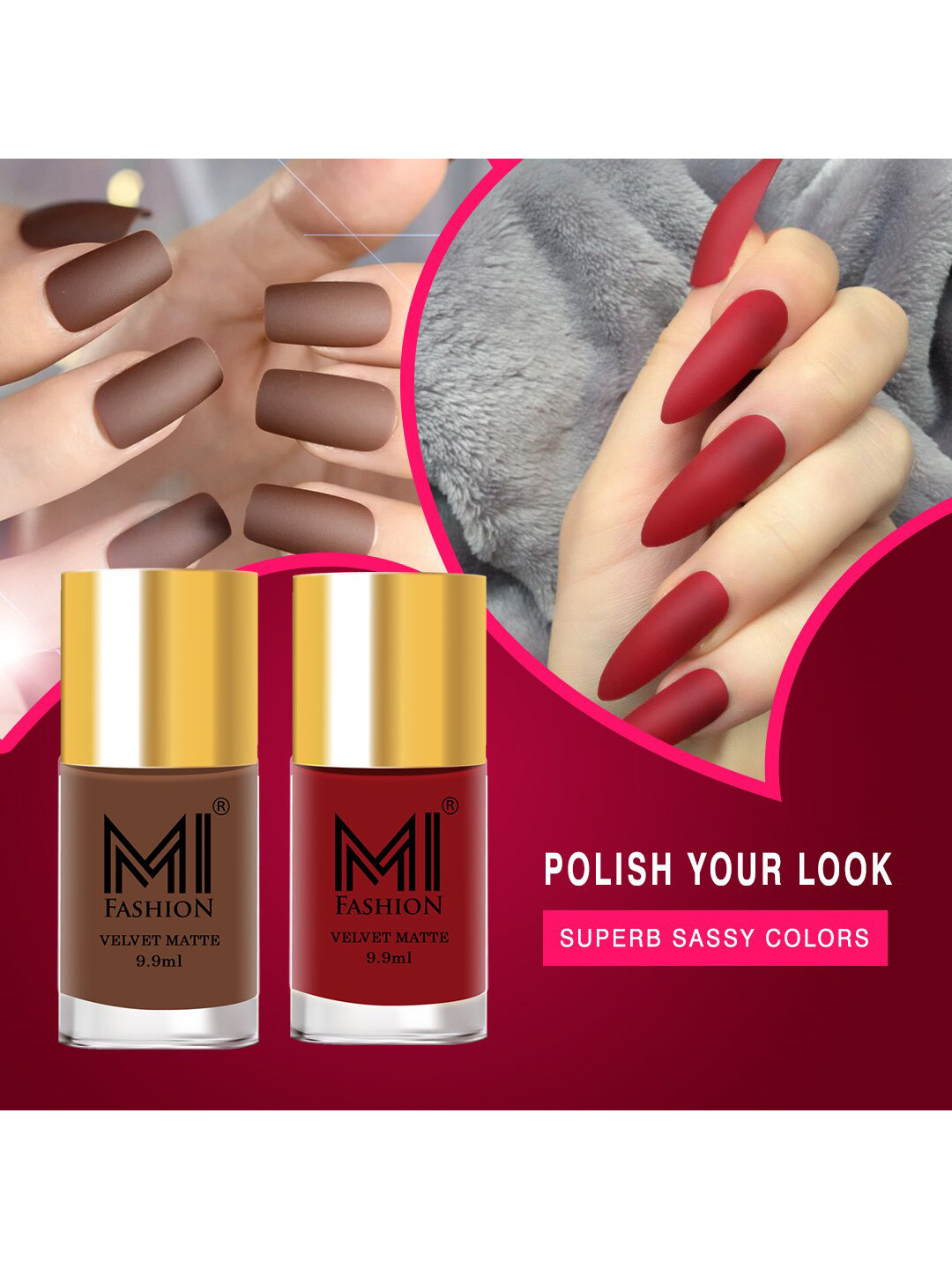 MI FASHION Set of 2 Velvet Matte Long Lasting Nail Polish 9.9 ml Each - Shades 22 & 34