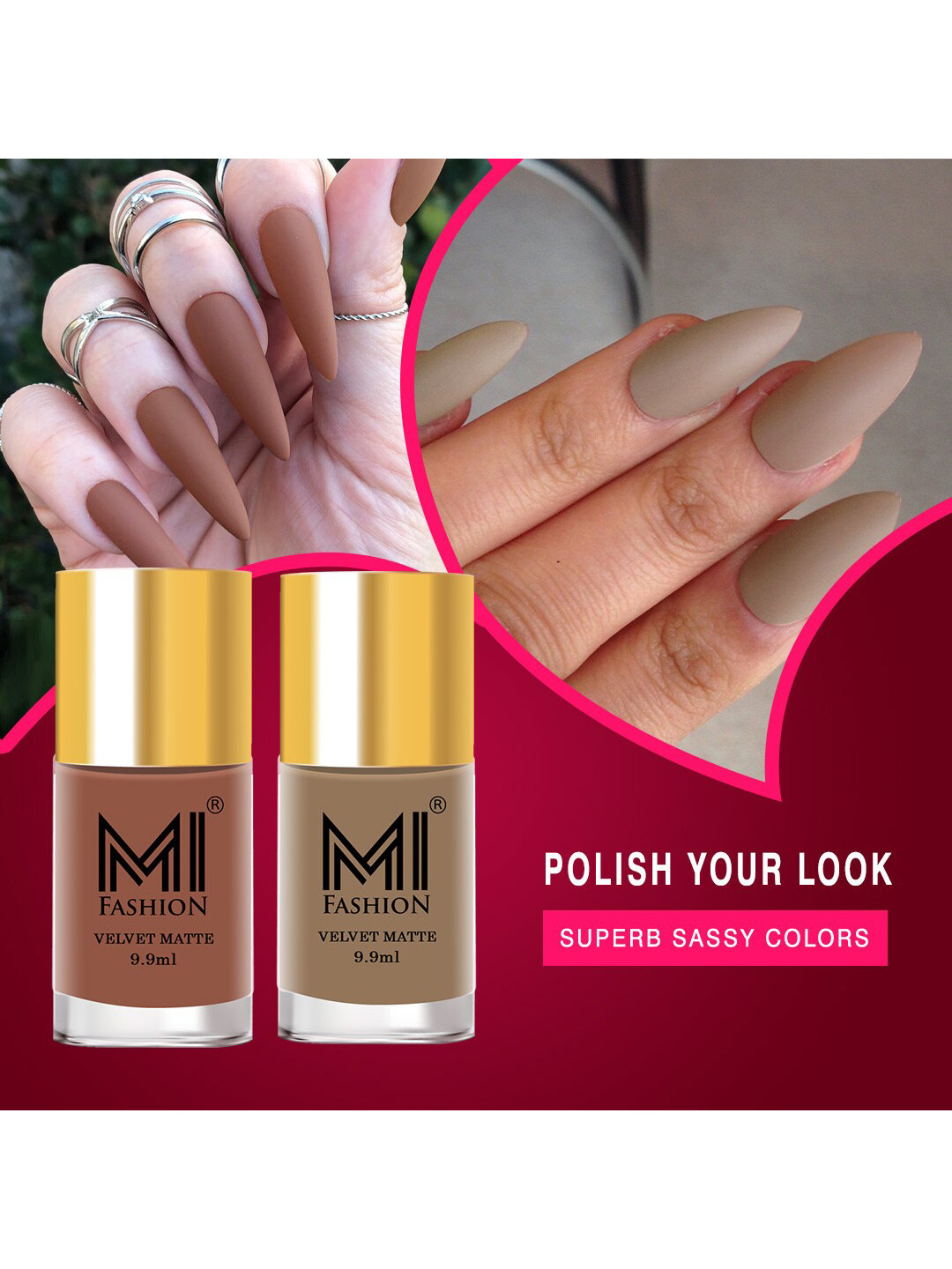 MI FASHION Set of 2 Velvet Matte Truly Unique Long Lasting Nail Polish - 9.9 ml Each