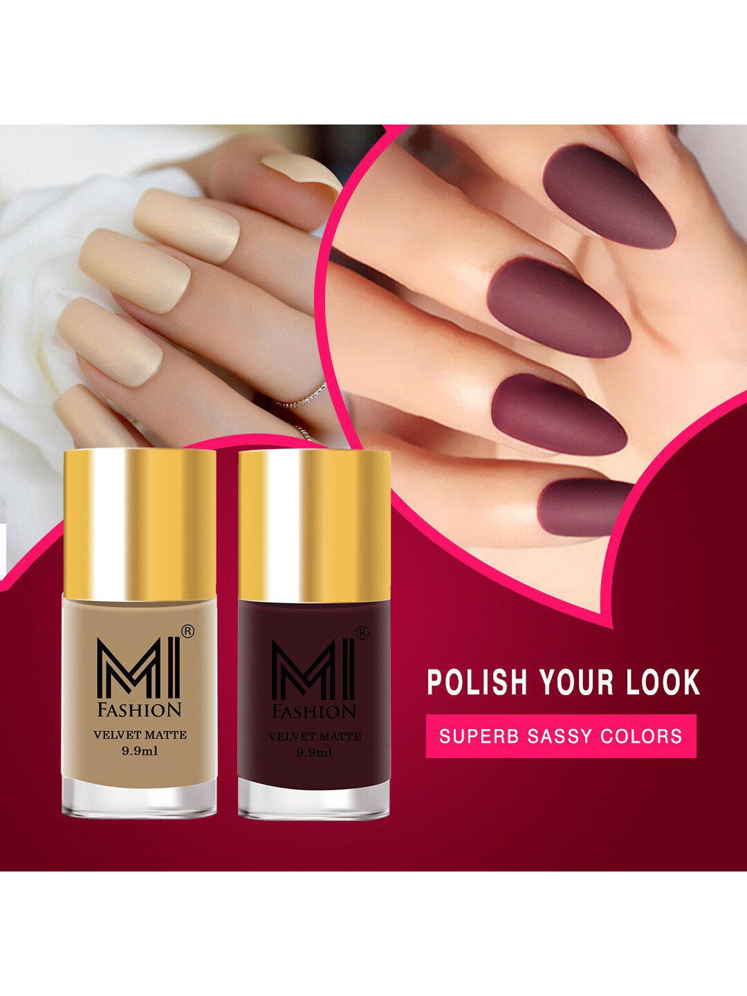 MI FASHION Set of 2 Velvet Matte Truly Unique Long Lasting Nail Polish - 9.9 ml Each