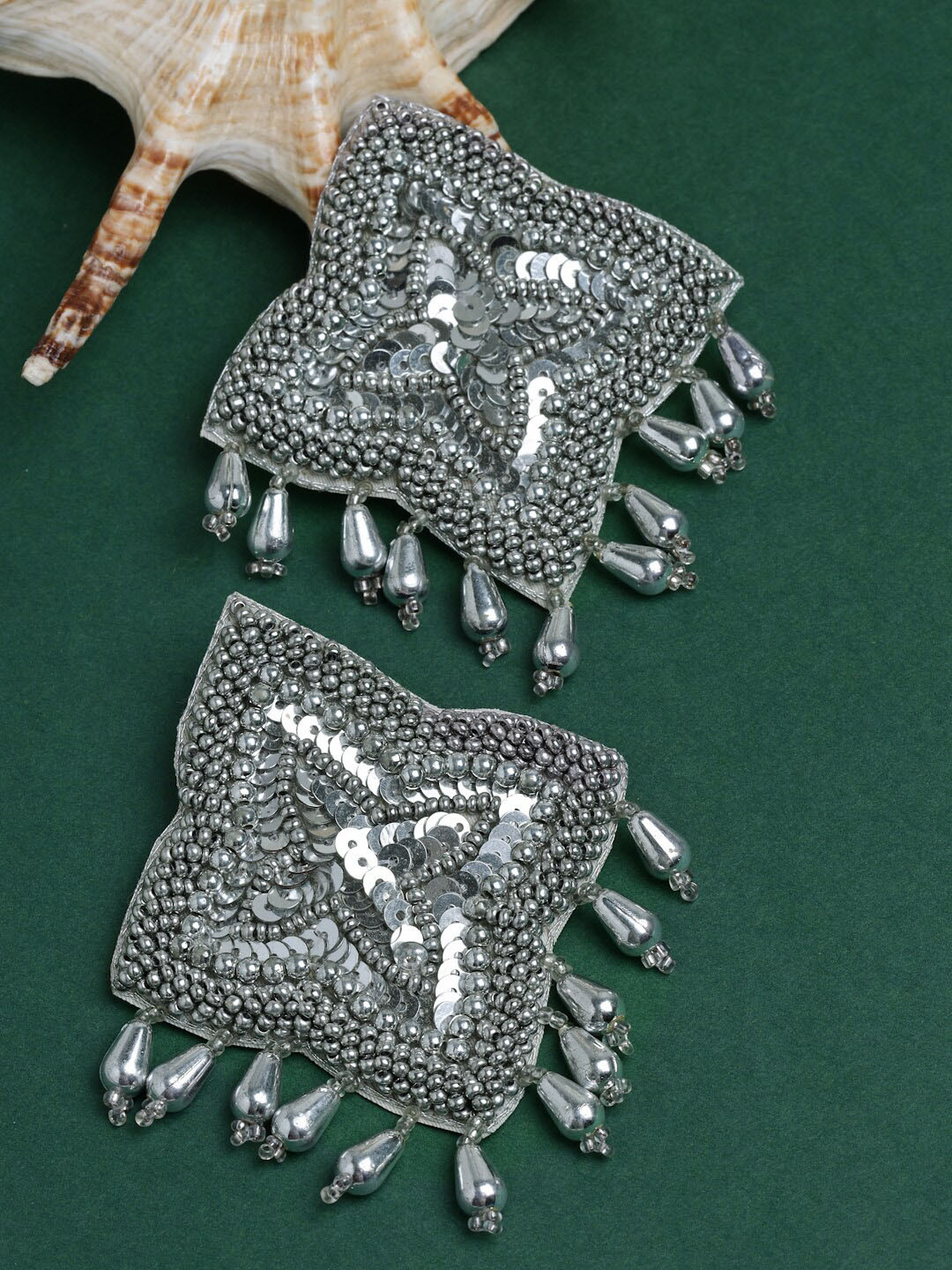 Moedbuille Silver-Plated Sequins & Pearls Studded Contemporary Tasselled Earrings