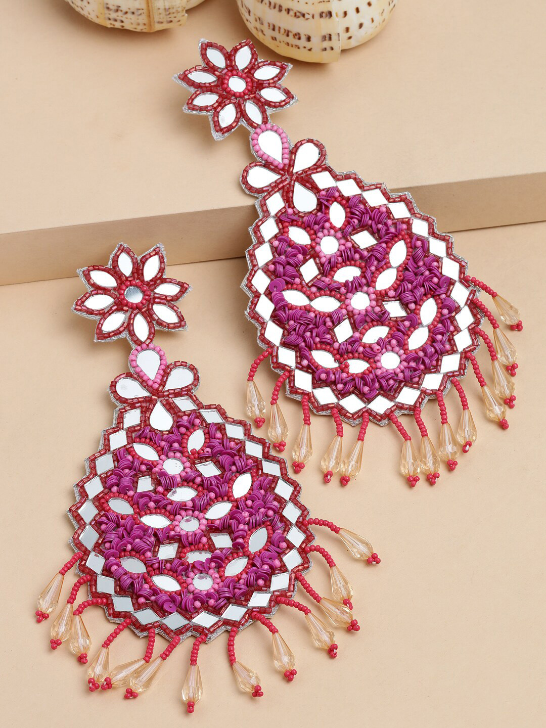 Moedbuille Silver Plated Pink Beads & Mirrors Contemporary Handwoven Tasselled Earrings