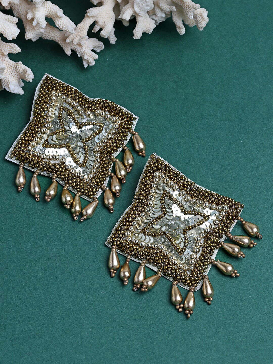 Moedbuille Gold Plated Sequins & Pearls Studded Contemporary Tasselled Stud Earrings