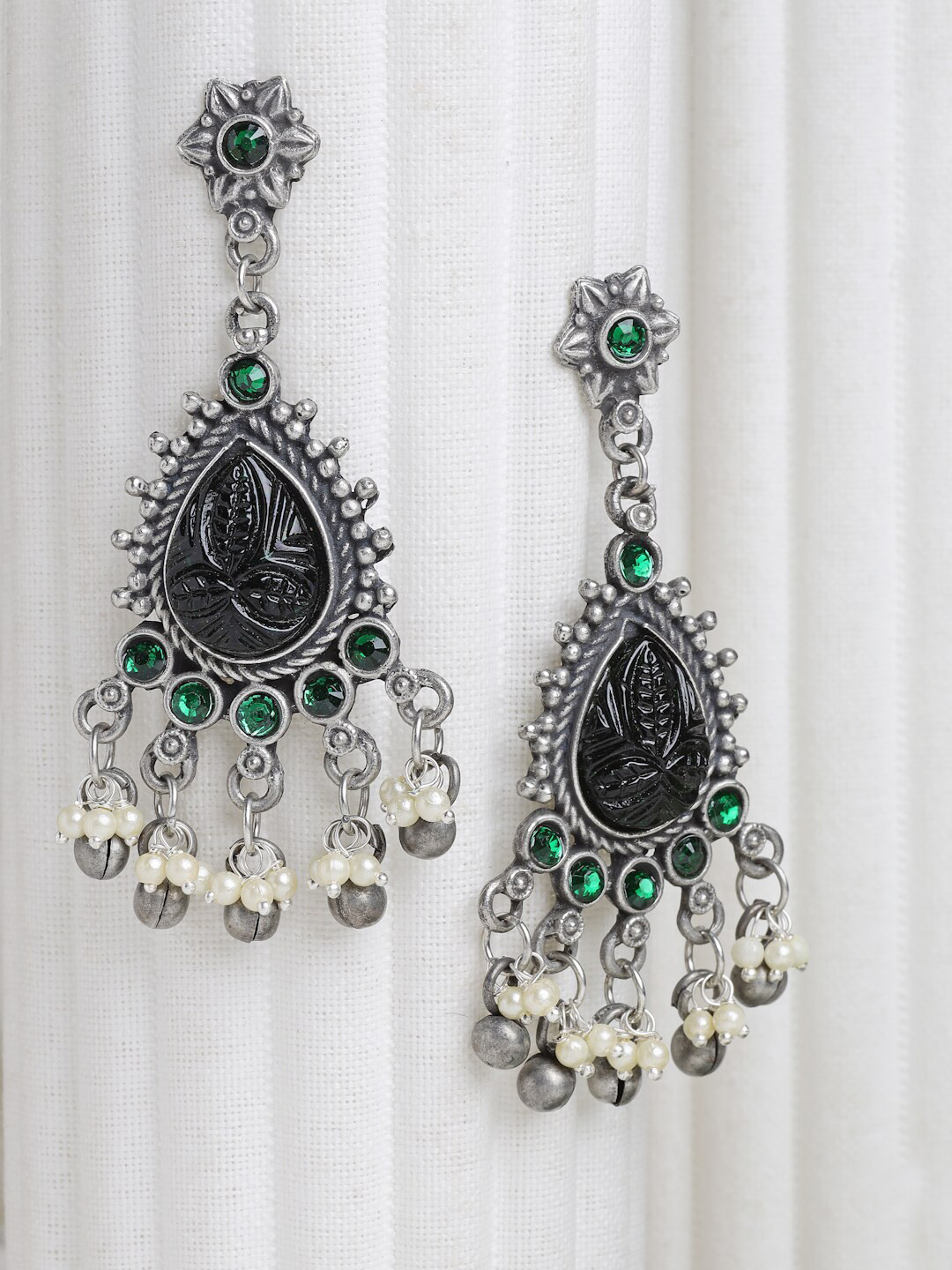 Moedbuille Silver-Plated Black Agate & Pearls Studded Oxidised Handcrafted Earrings