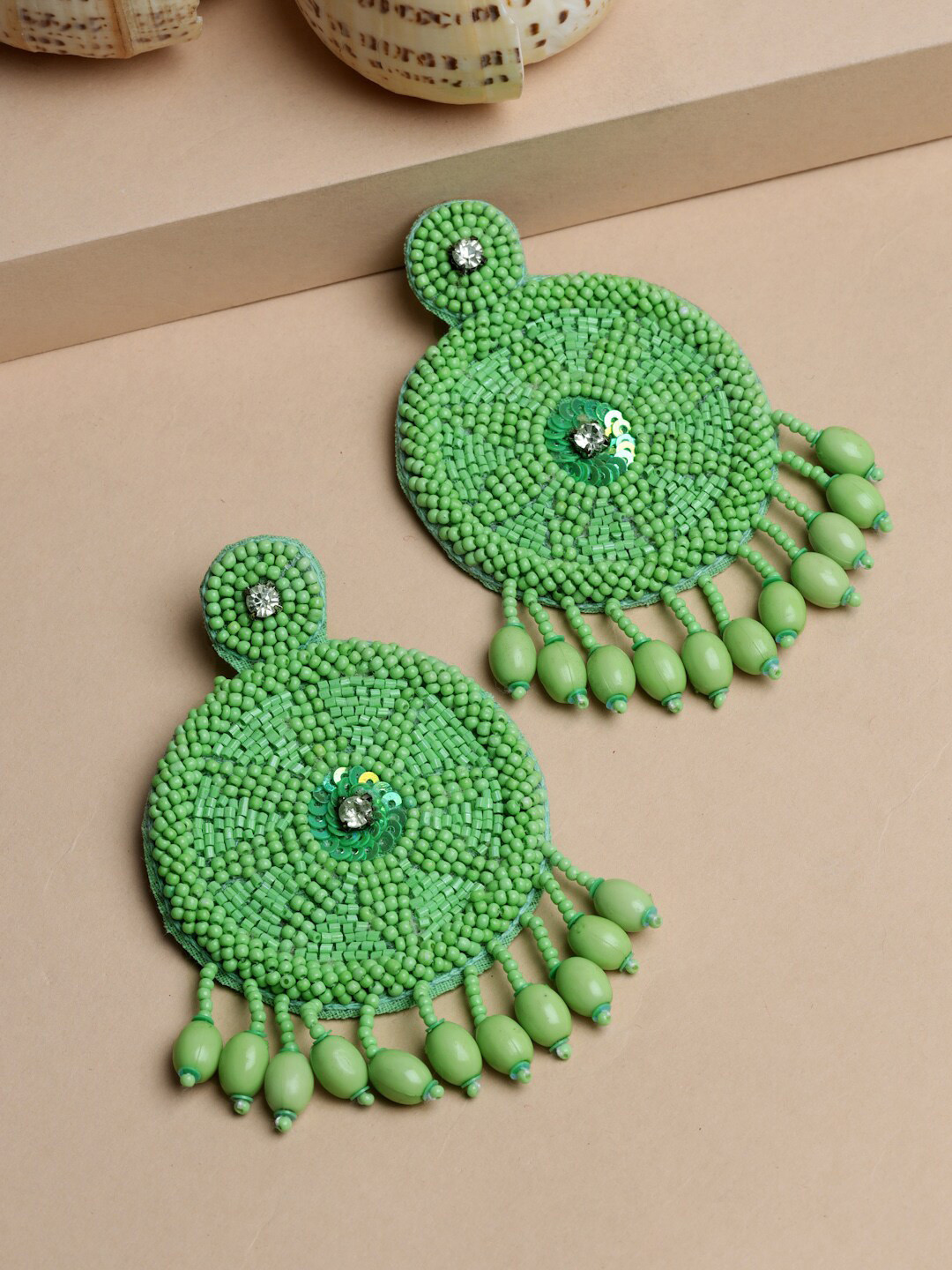 Moedbuille Silver Plated Green Handcrafted Beads & Pearls Contemporary Tassell Chandbalis