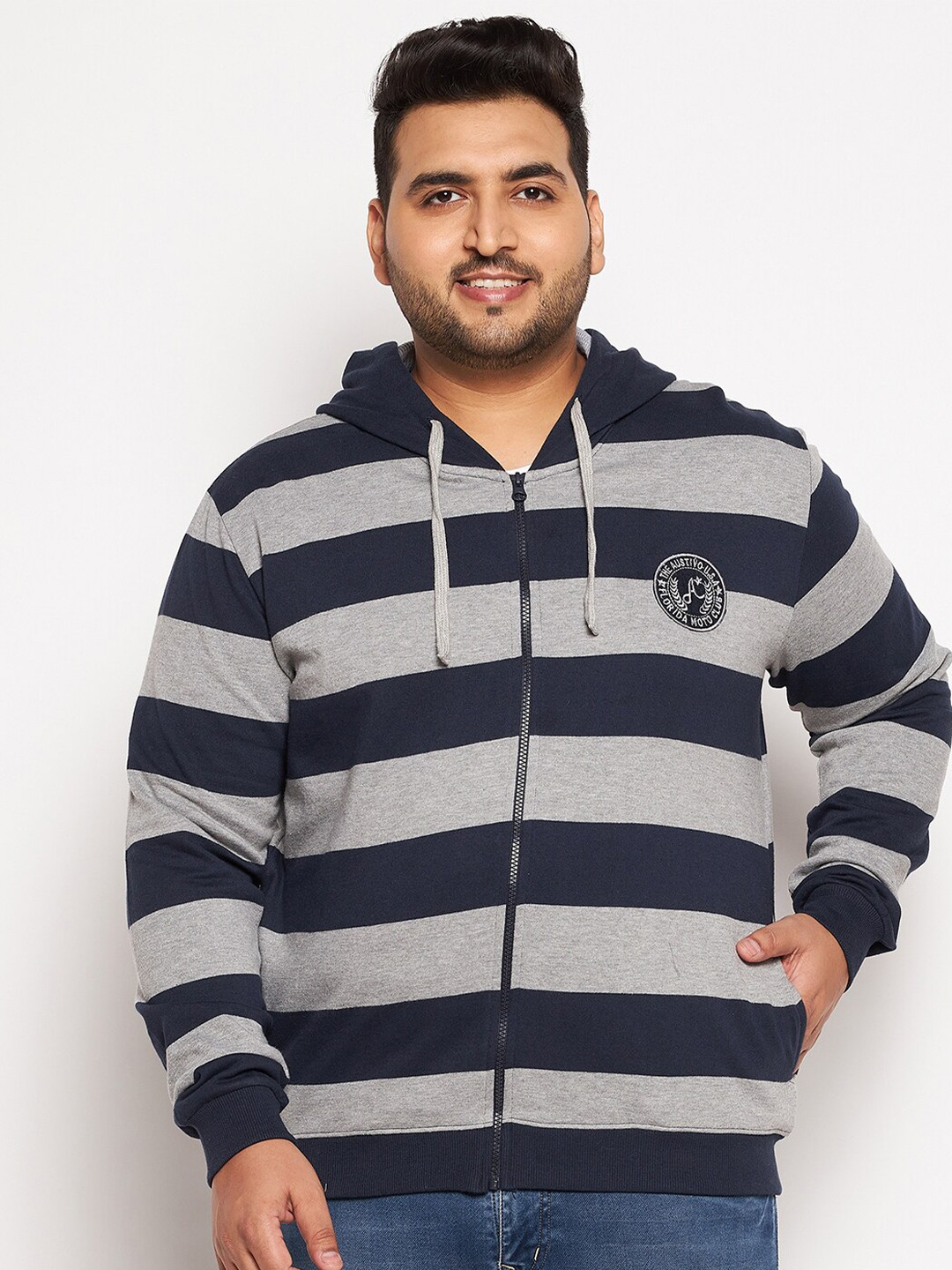AUSTIVO Men Navy Blue Striped Hooded Cotton Sweatshirt