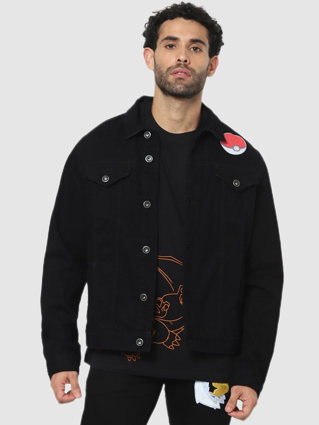 Celio Men Black Pokemon Print Tailored Cotton Jacket