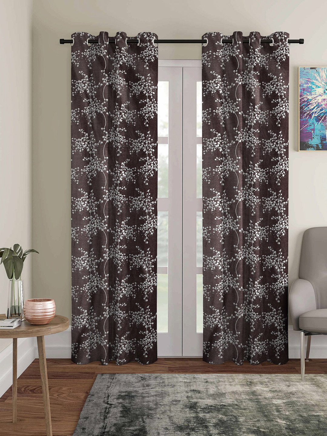 ROMEE Adults Coffee Brown & White Set of 2 Floral Room Darkening Door Curtain