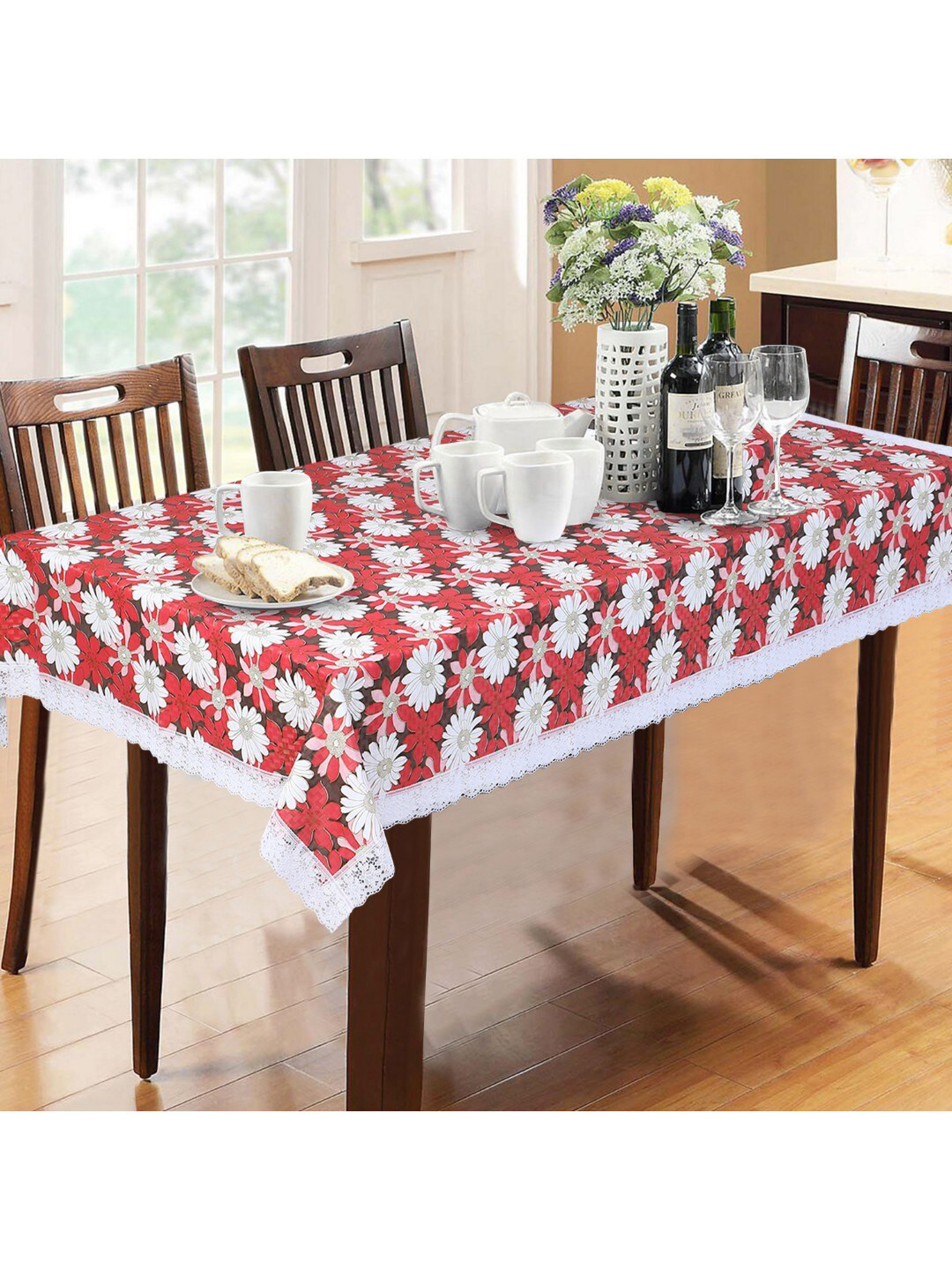 Dakshya Industries Red & White Floral Printed 6 Seater Table Covers