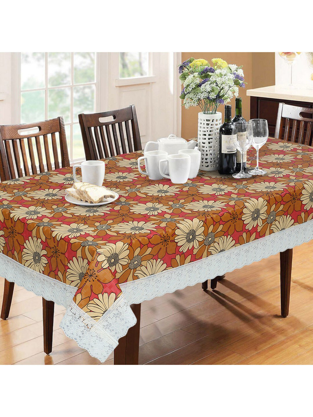 Dakshya Industries Orange Floral Digital Printed 6 Seater Table Cover