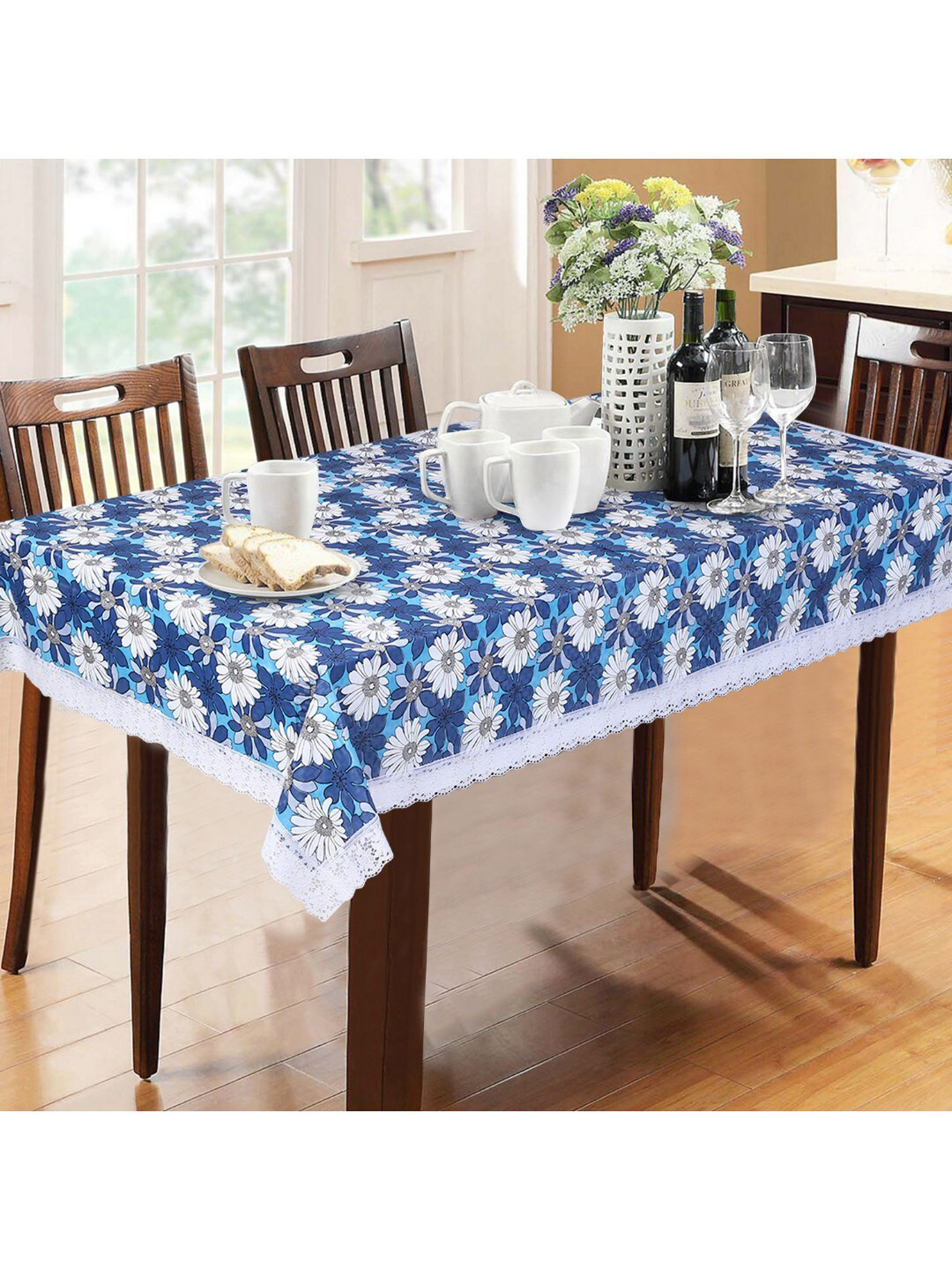 Dakshya Industries Blue Floral Printed 6 Seater Table Covers