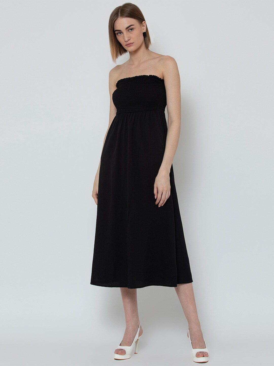 DODO & MOA Black Smocked Off-Shoulder Midi Dress
