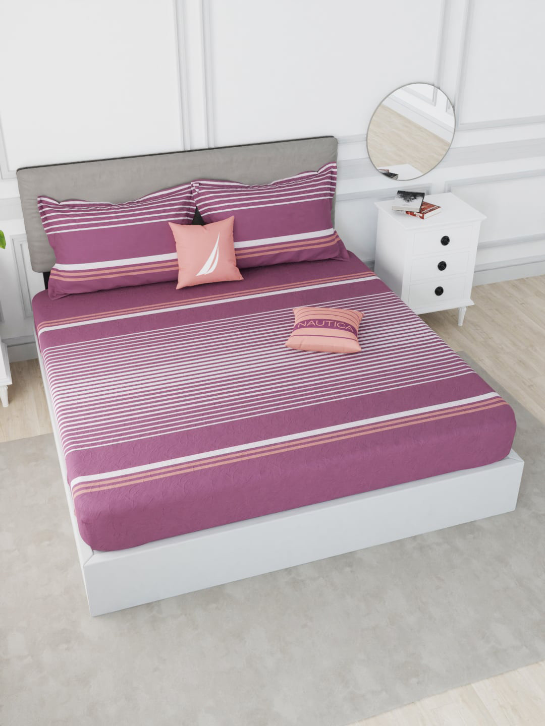 Nautica Hampton Maroon Striped Cotton Skin-Friendly 210 TC Fitted Super King Bedsheet with 2 Pillow Covers-106 x 106 inches