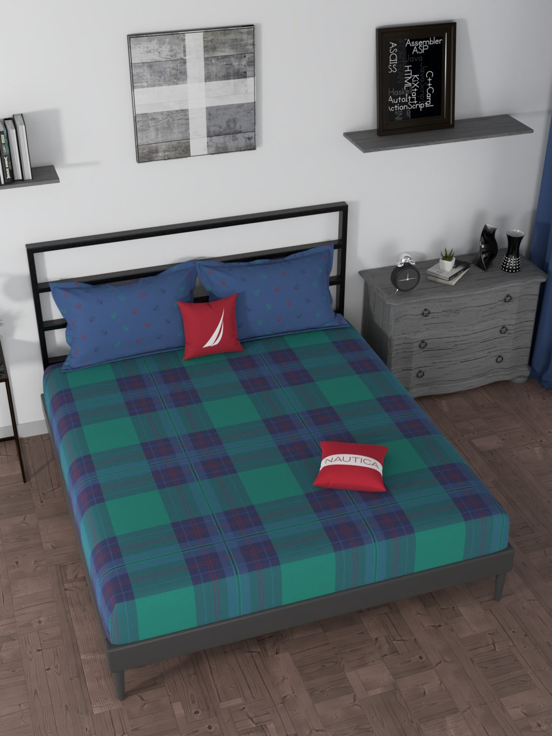 Nautica Premium Green Checked Cotton Skin-Friendly 160 TC Fitted King Bedsheet with 2 Pillow Covers-89 x 108 inches