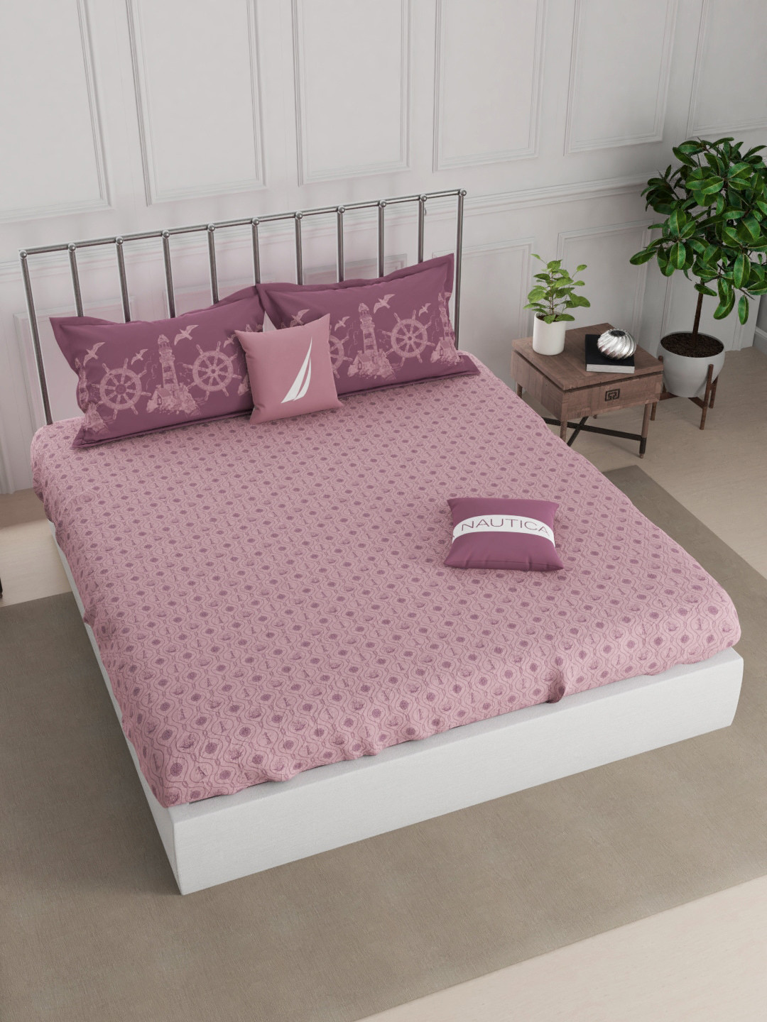 Nautica Egyptian Pink Abstract Cotton Skin-Friendly 210 TC King Fine Bedsheet with 2 Pillow Covers-89 x 108 inches
