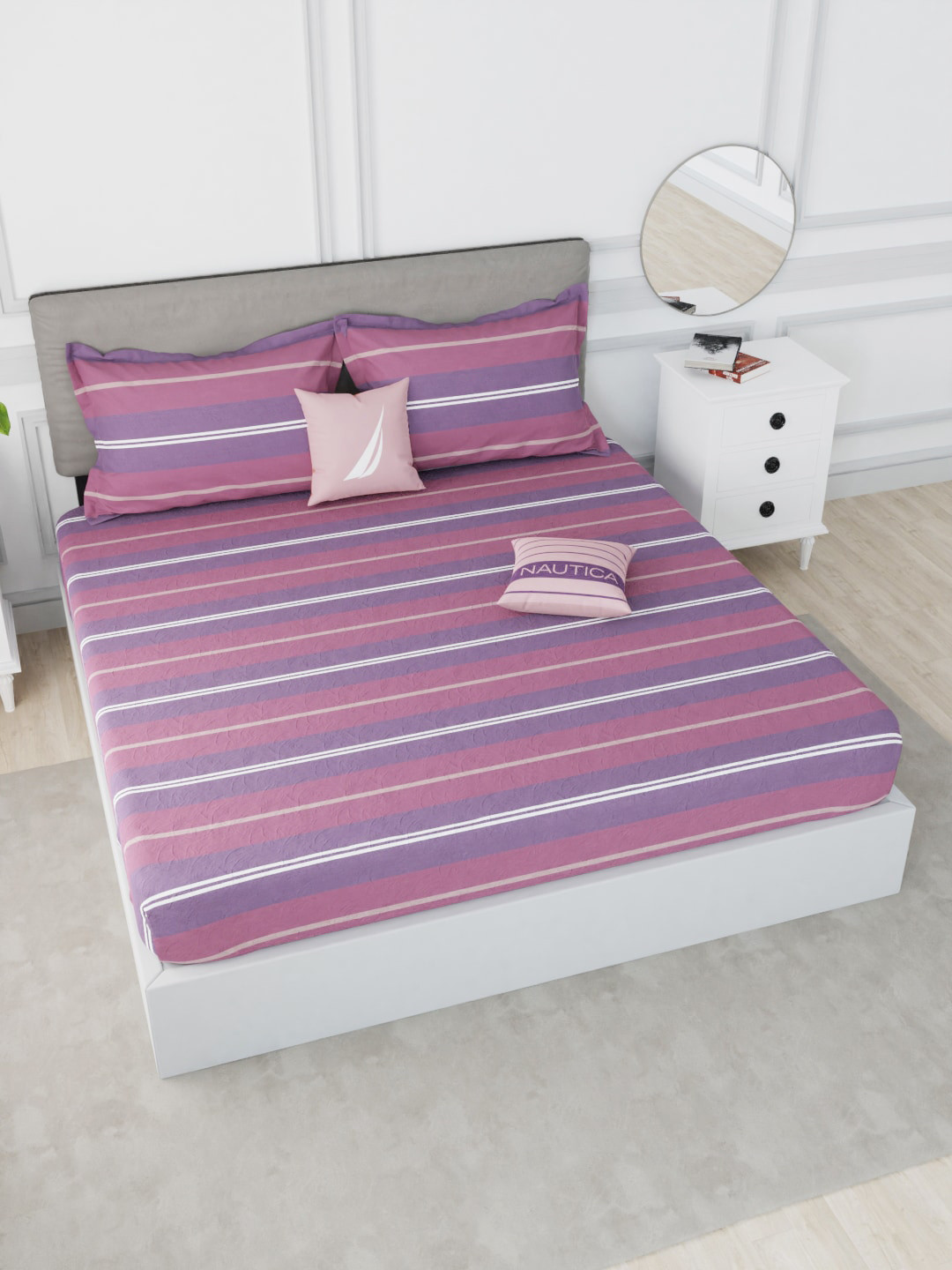 Nautica Hampton Designer Purple Striped Cotton Wrinkle Free 210 TC King Fine Bedsheet with 2 Pillow Covers-106 x 108 inches