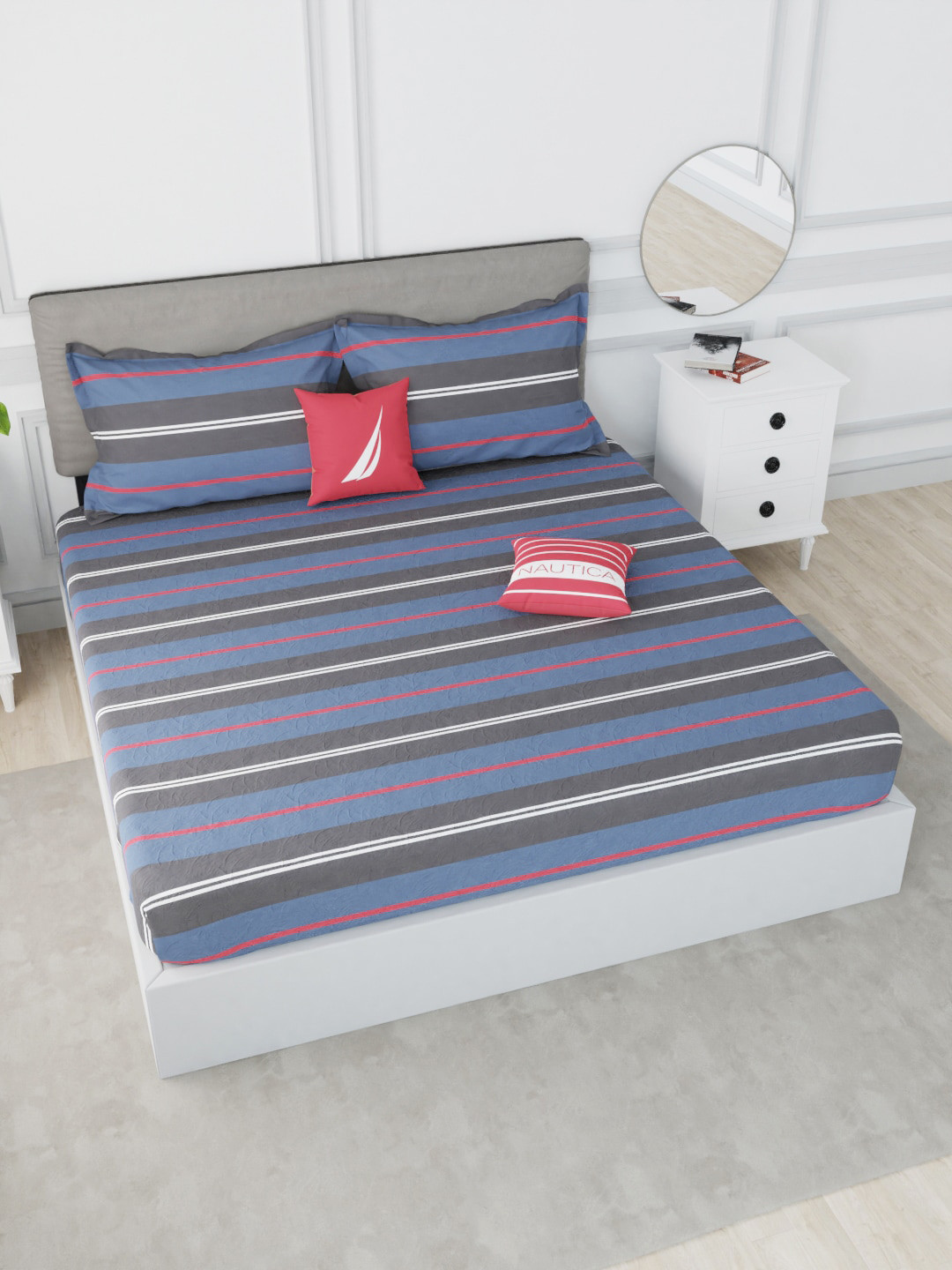 Nautica Hampton Blue Striped Cotton Skin-Friendly 210 TC Fitted Super King Fine Bedsheet with 2 Pillow Covers-269 x 269 cm