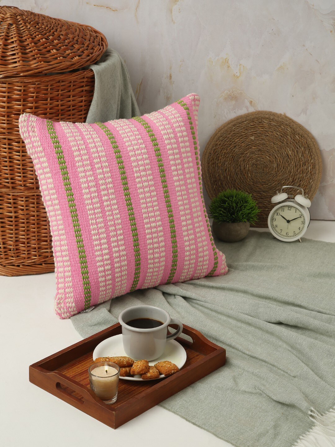 SPACES White & Pink Striped Square Cushion Covers