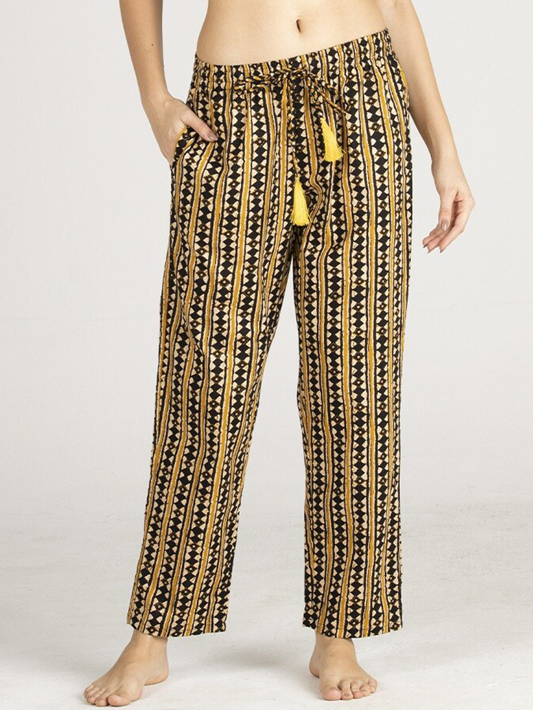 evolove Women Yellow Striped Cotton Lounge Pants