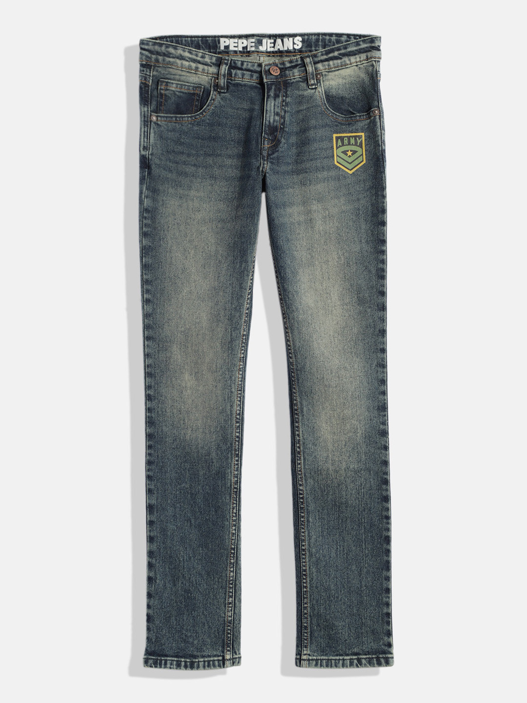 Pepe Jeans Boys Grant Cashed Slim Fit Mid-Rise Heavy Fade Stretchable Jeans With Print