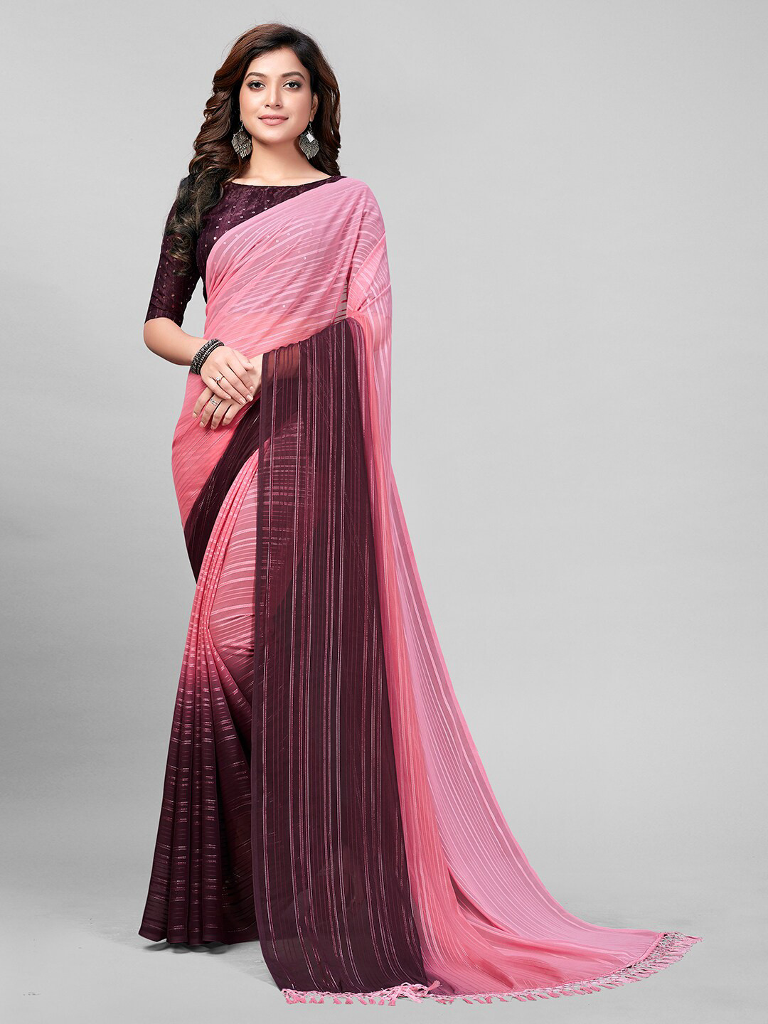 Granthva Fab Pink & Brown Embellished Sequinned Art Silk Saree