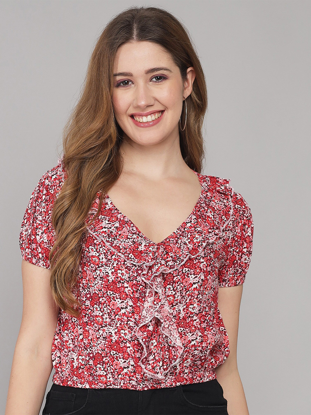 ADDYVERO Red Floral Print Top