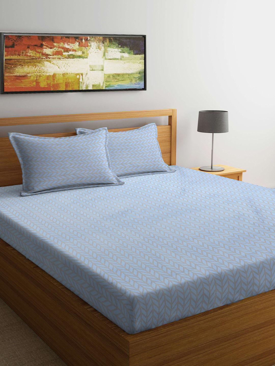 TAG 7 Blue Geometric Cotton 210 TC Fitted King Fine Bedsheet with 2 Pillow Covers-98 x 87 inches