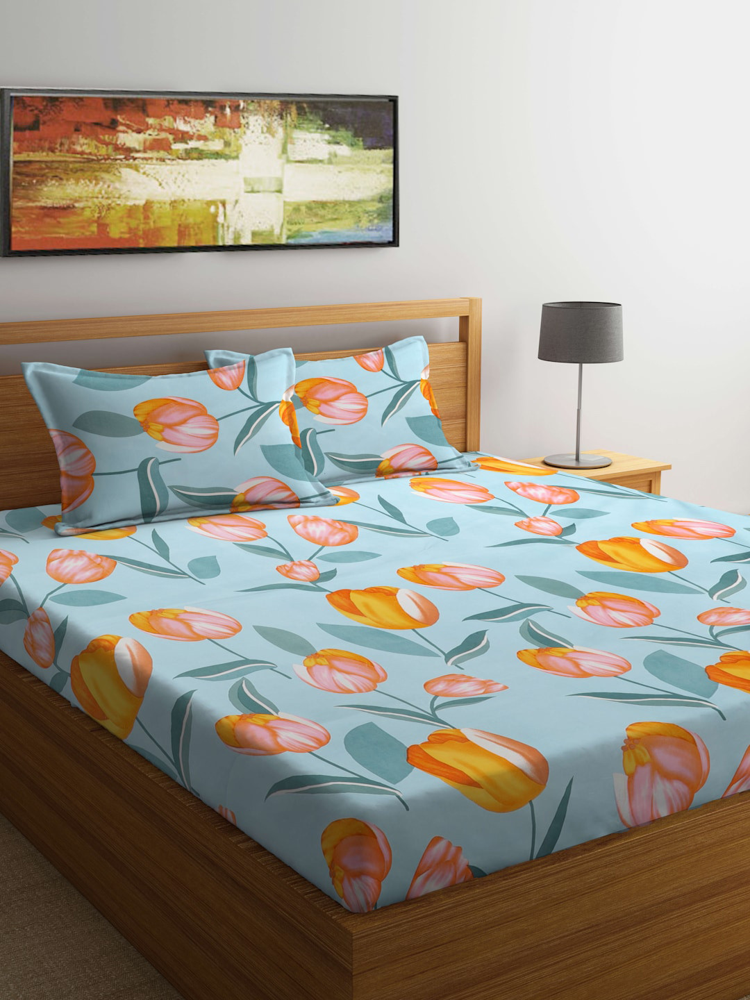 TAG 7 Blue Floral Cotton 210 TC King Fine Bedsheet with 2 Pillow Covers-87 x 98 inches