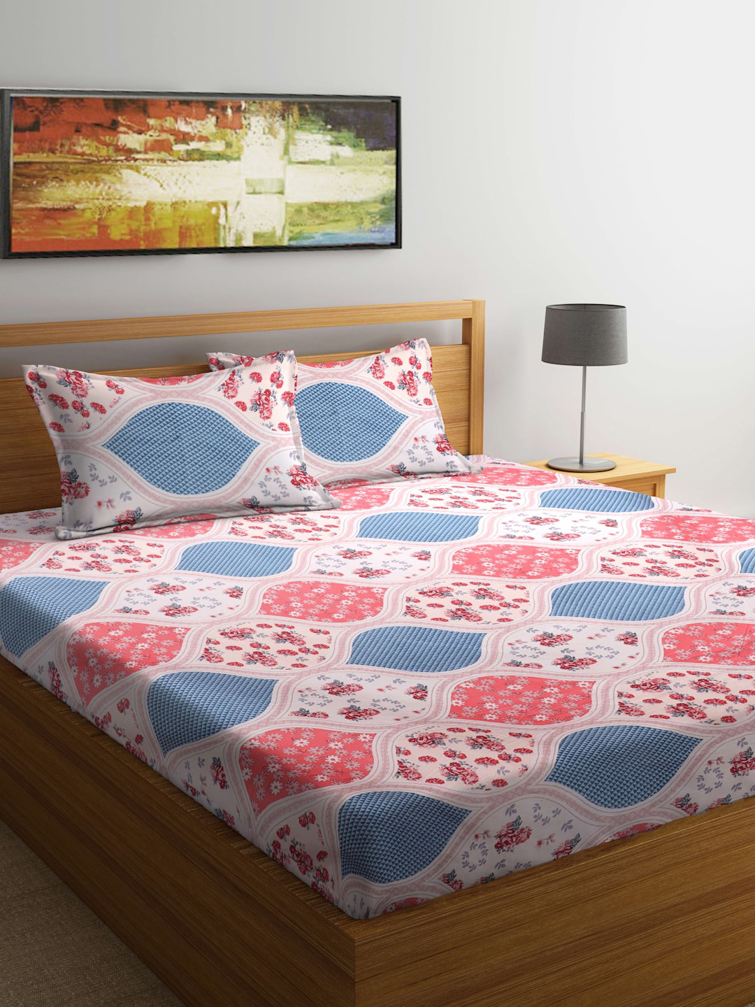 TAG 7 White Floral Cotton 210 TC King Fine Bedsheet with 2 Pillow Covers-220 x 250 cm