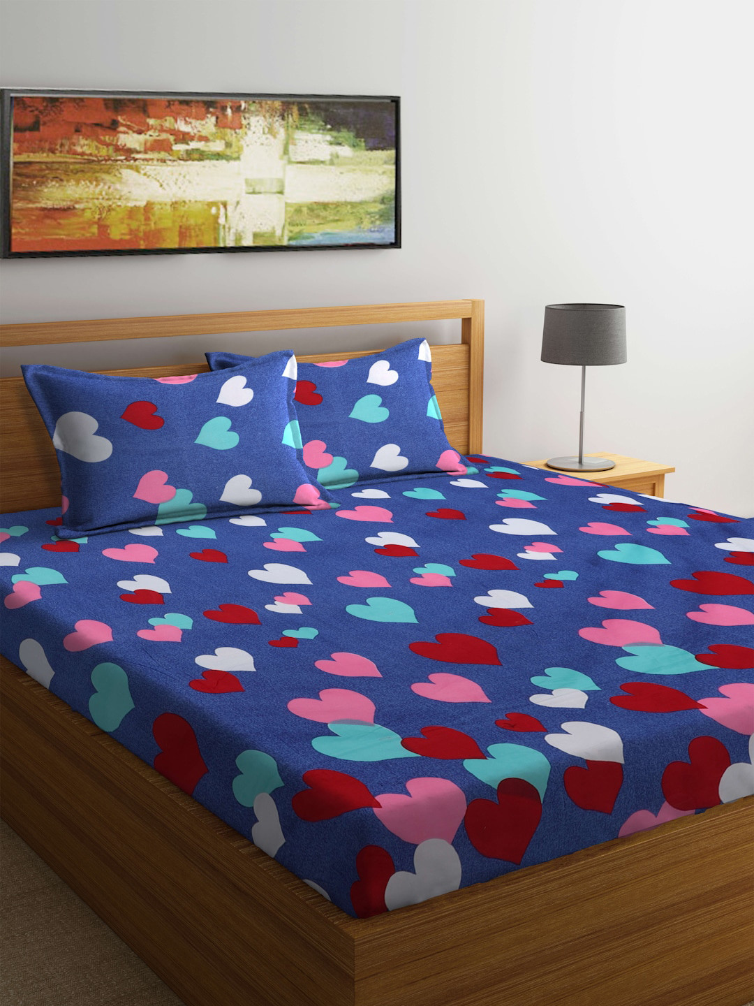 TAG 7 Navy Blue Conversational Cotton Breathable 210 TC King Fine Bedsheet with 2 Pillow Covers-87 x 98 inches