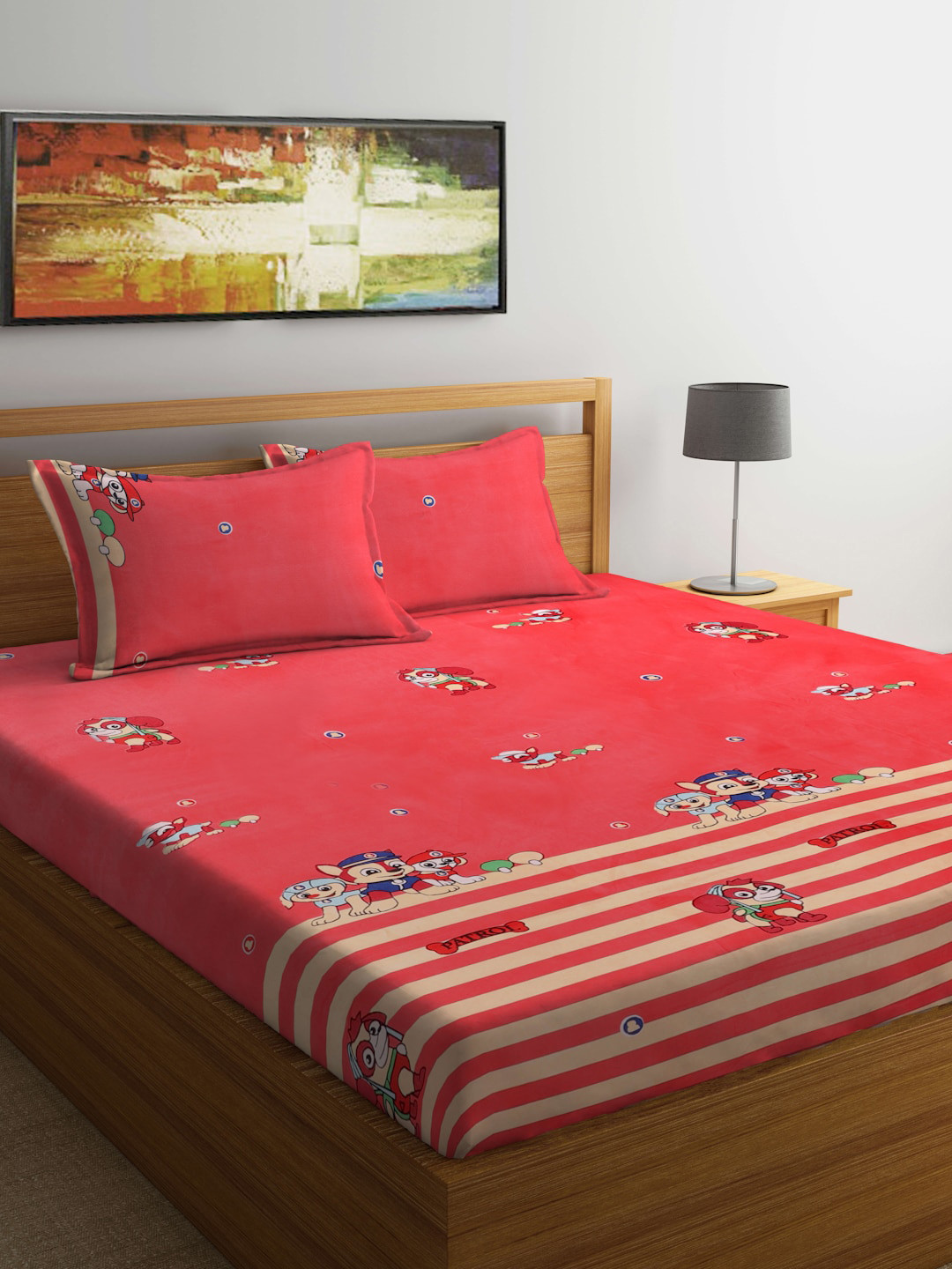 TAG 7 Pink Conversational Cotton 210 TC King Fine Bedsheet with 2 Pillow Covers-87 x 98 inches