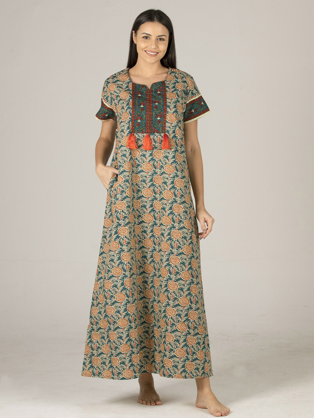 evolove Teal Printed Maxi Nightdress
