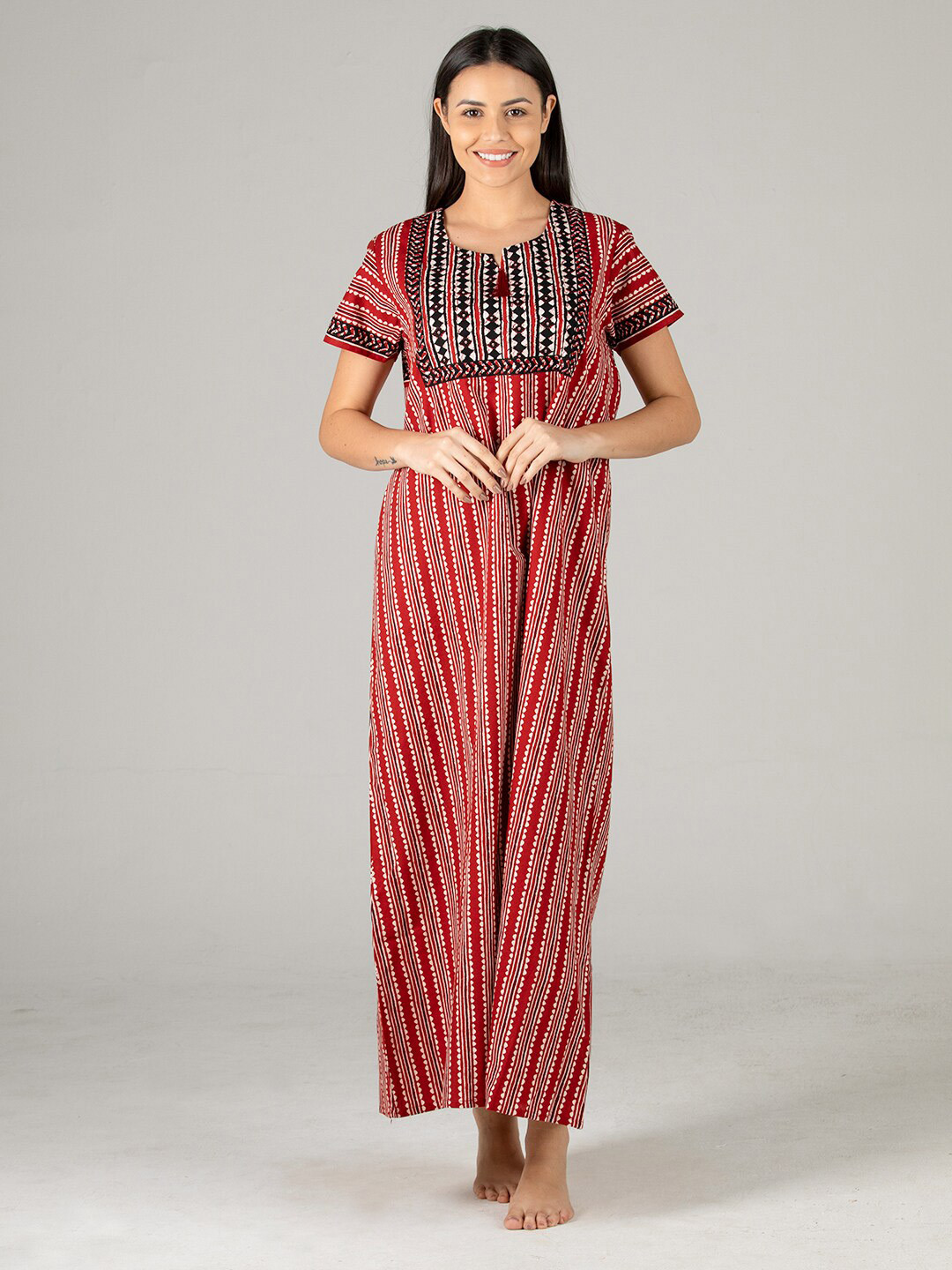 evolove Women Red Printed Pure Cotton Maxi Nightdress