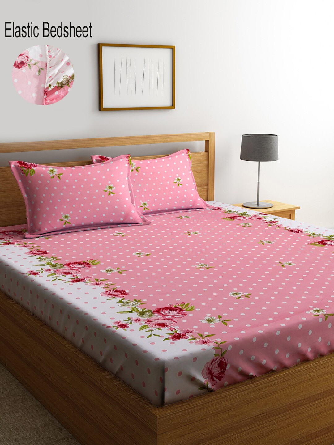 KLOTTHE Passion Fur Pink Floral Polycotton 300 TC Fitted King Fine Bedsheet with 2 Pillow Covers-98 x 89 inches