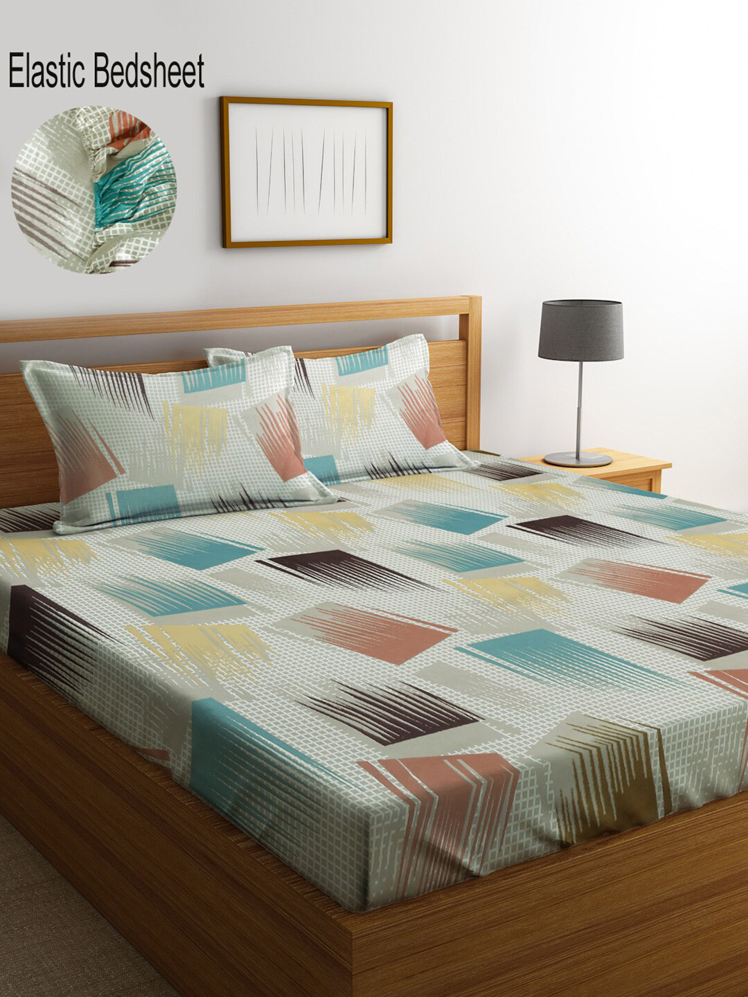 KLOTTHE White Abstract Cotton 300 TC Fitted King Fine Bedsheet with 2 Pillow Covers-96 x 89 inches