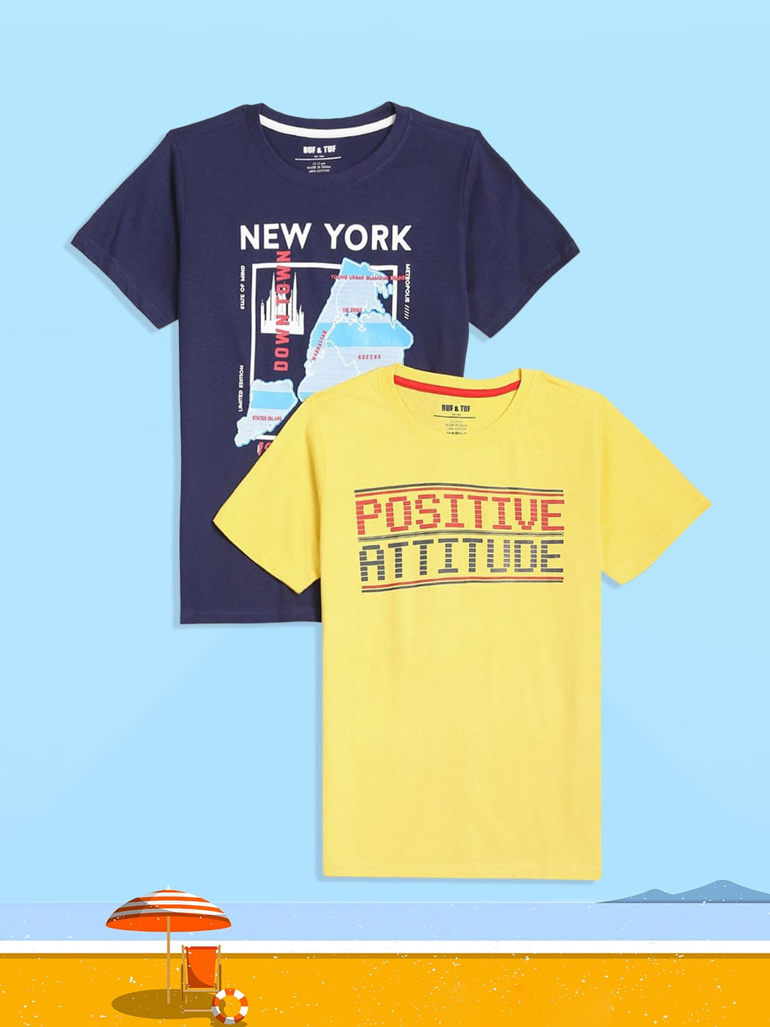 RUF & TUF Boys Navy Blue & Yellow Typography Pack Of 2 Pure Cotton Printed T-shirt