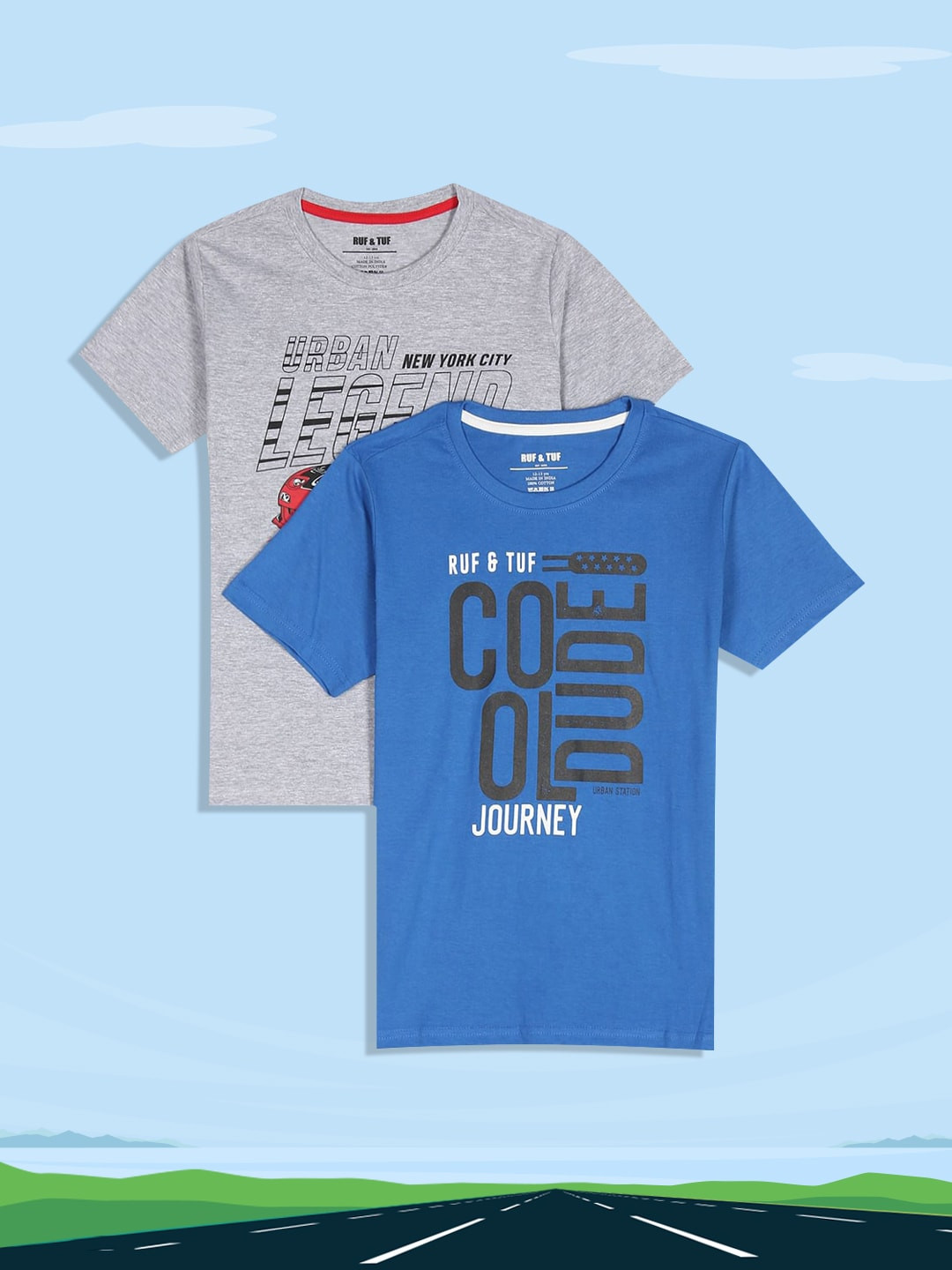 RUF & TUF Boys Blue & Grey Typography Pack Of 2 Pure Cotton Printed T-shirt