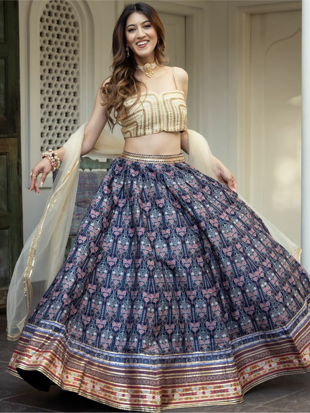 Lavanya The Label Women Blue & Cream Ready to Wear Lehenga & Blouse With Dupatta