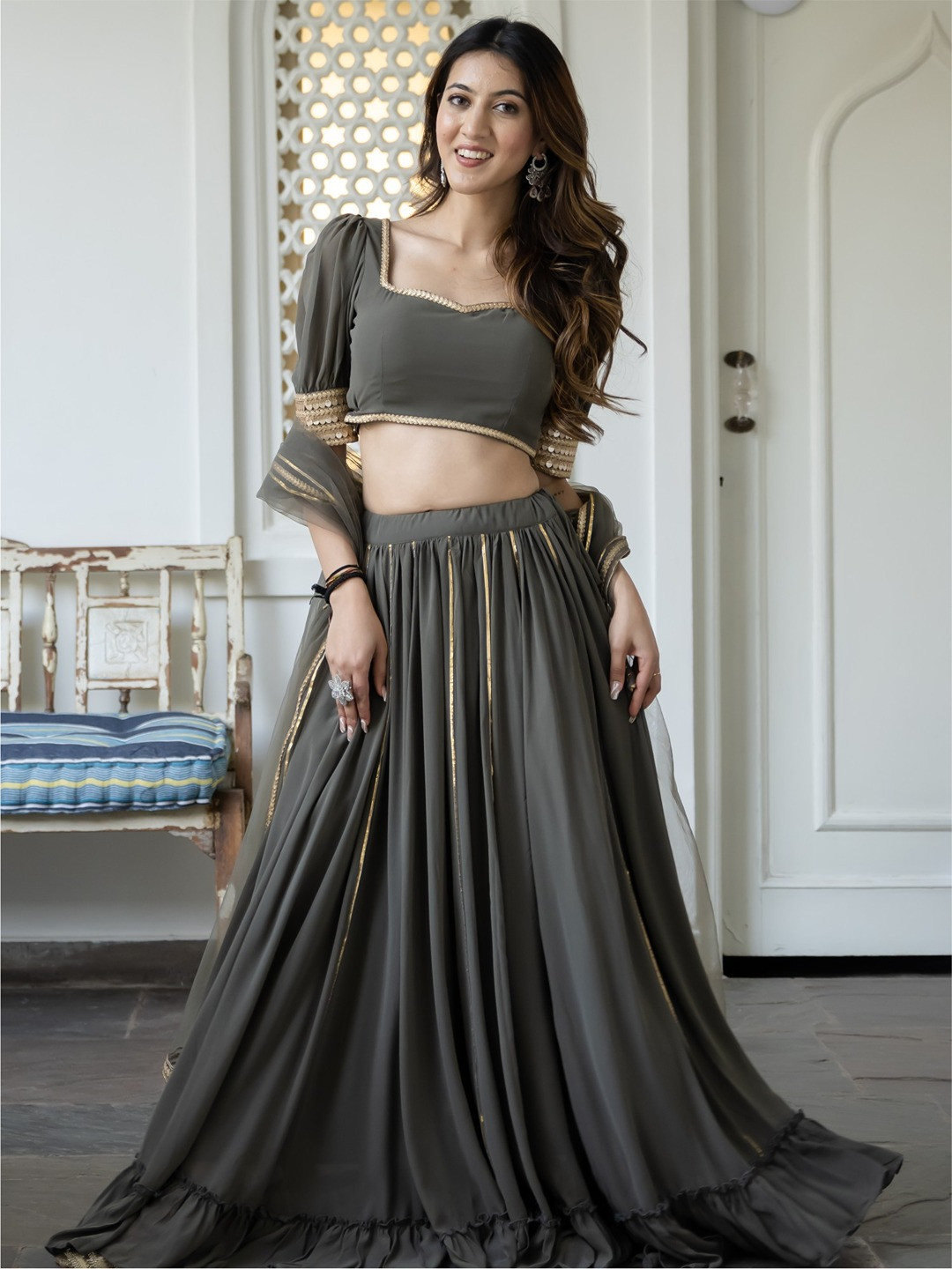 Lavanya The Label Grey & Gold-Toned Ready to Wear Lehenga & Blouse With Dupatta
