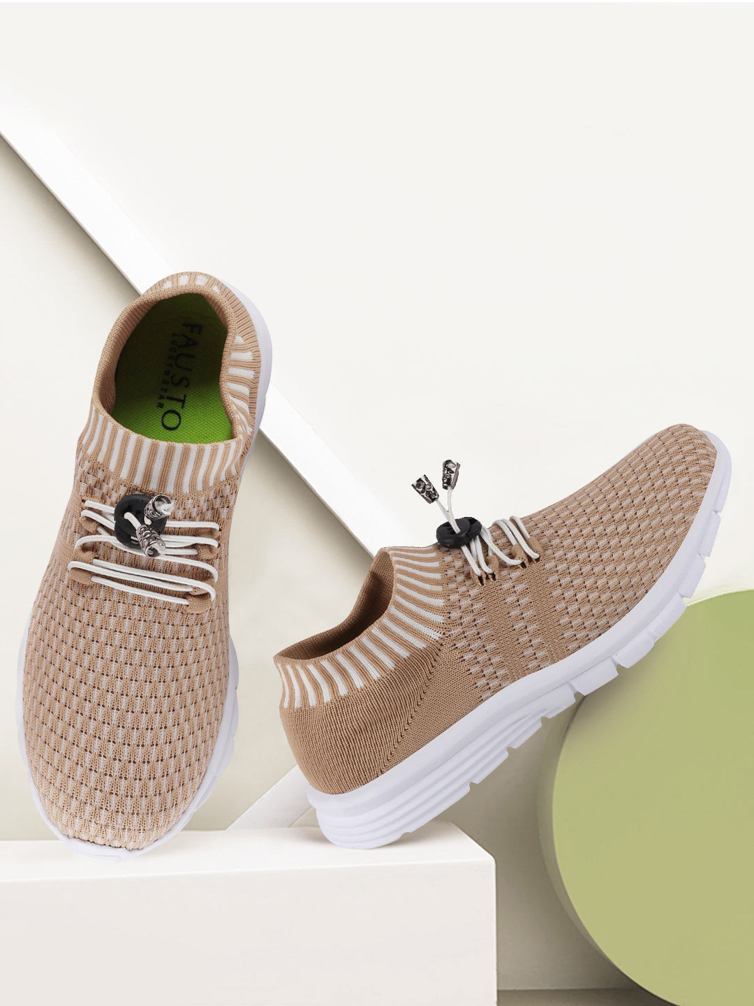 FAUSTO Women Beige Mesh Running Non-Marking Shoes