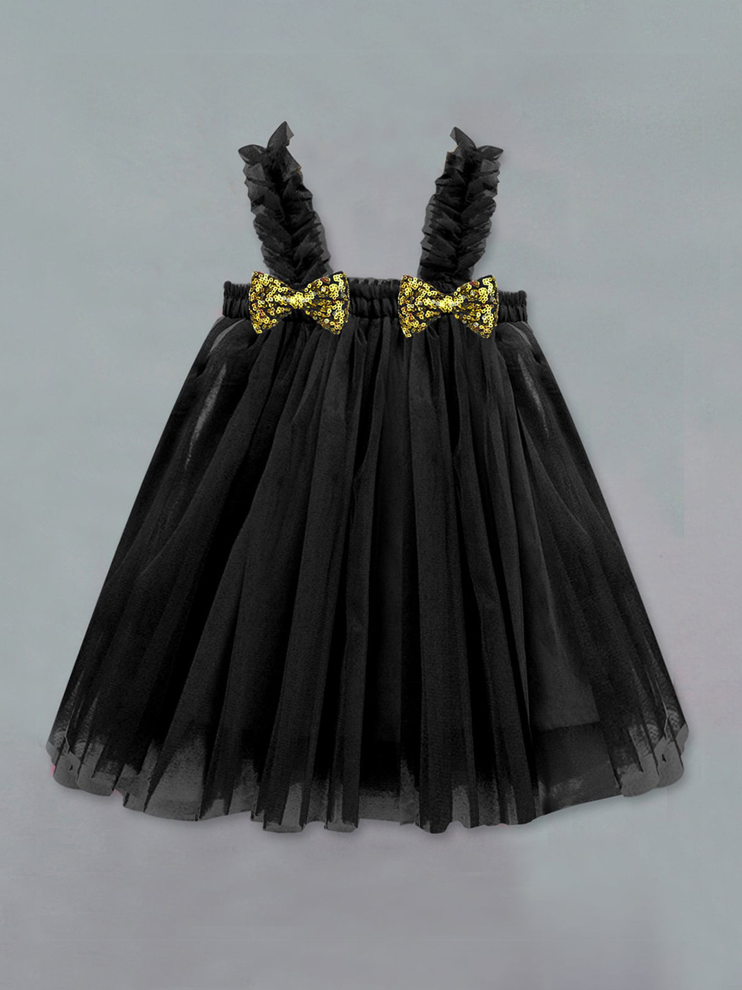 A T U N Girls Black Net Sequins Bow A-Line Dress